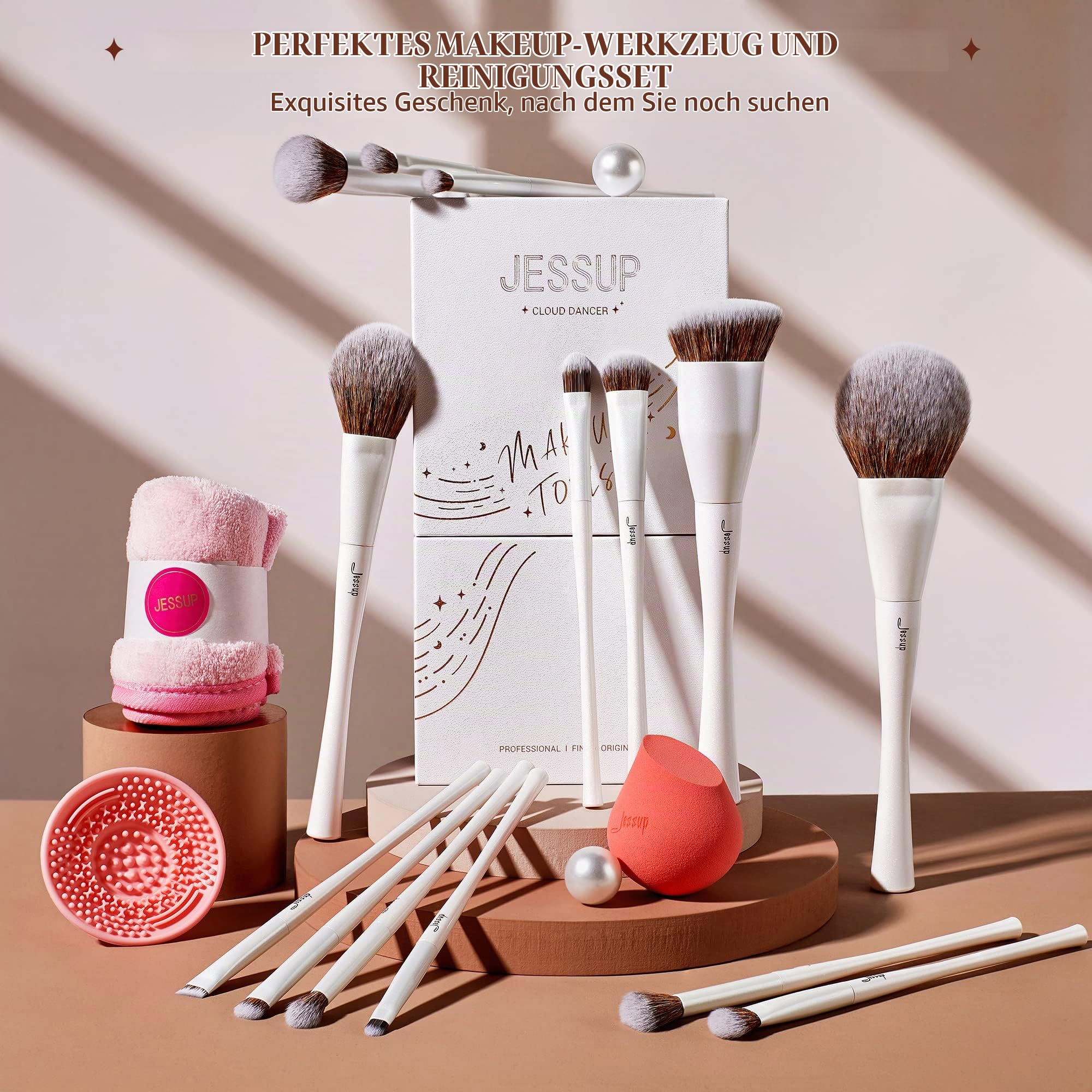 Jessup Pinselset 14 Stk Makeup Pinsel Kosmetikpinsel Schminkpinsel Hochwertiges Geschenkset für Frauen Mit Schwamm Pinselreiniger Handtuch Perlweiß T333