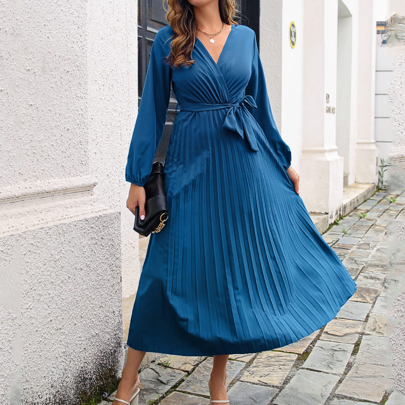 Abito da donna autunnale estivo con scollo a V, maniche pieghettate, abito midi a strati con cintura in vita, linea A, abito lungo da spiaggia con glitter