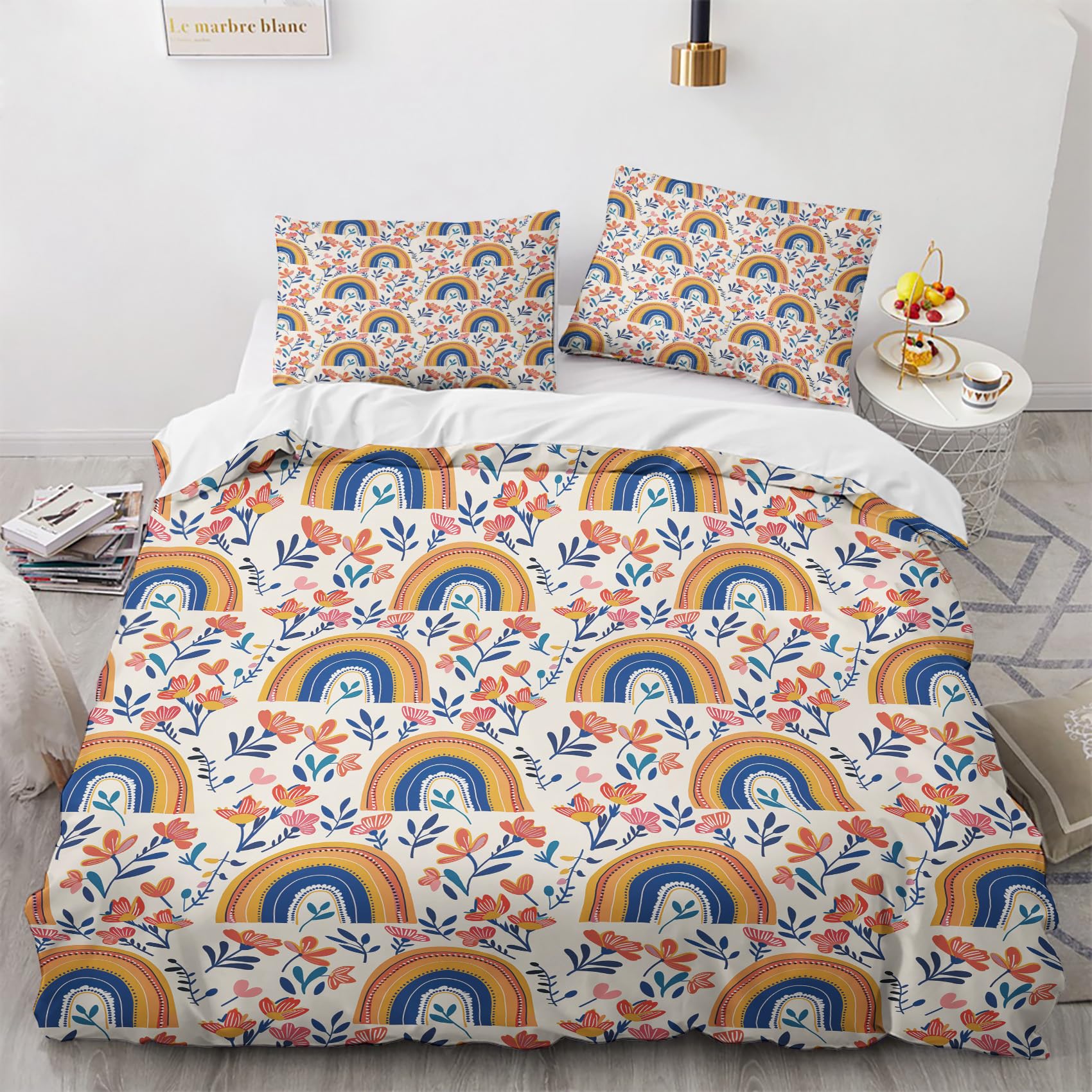 Housse de couette 240x260 arc-en-ciel en polycoton doux pour lit double adulte avec 2 taies