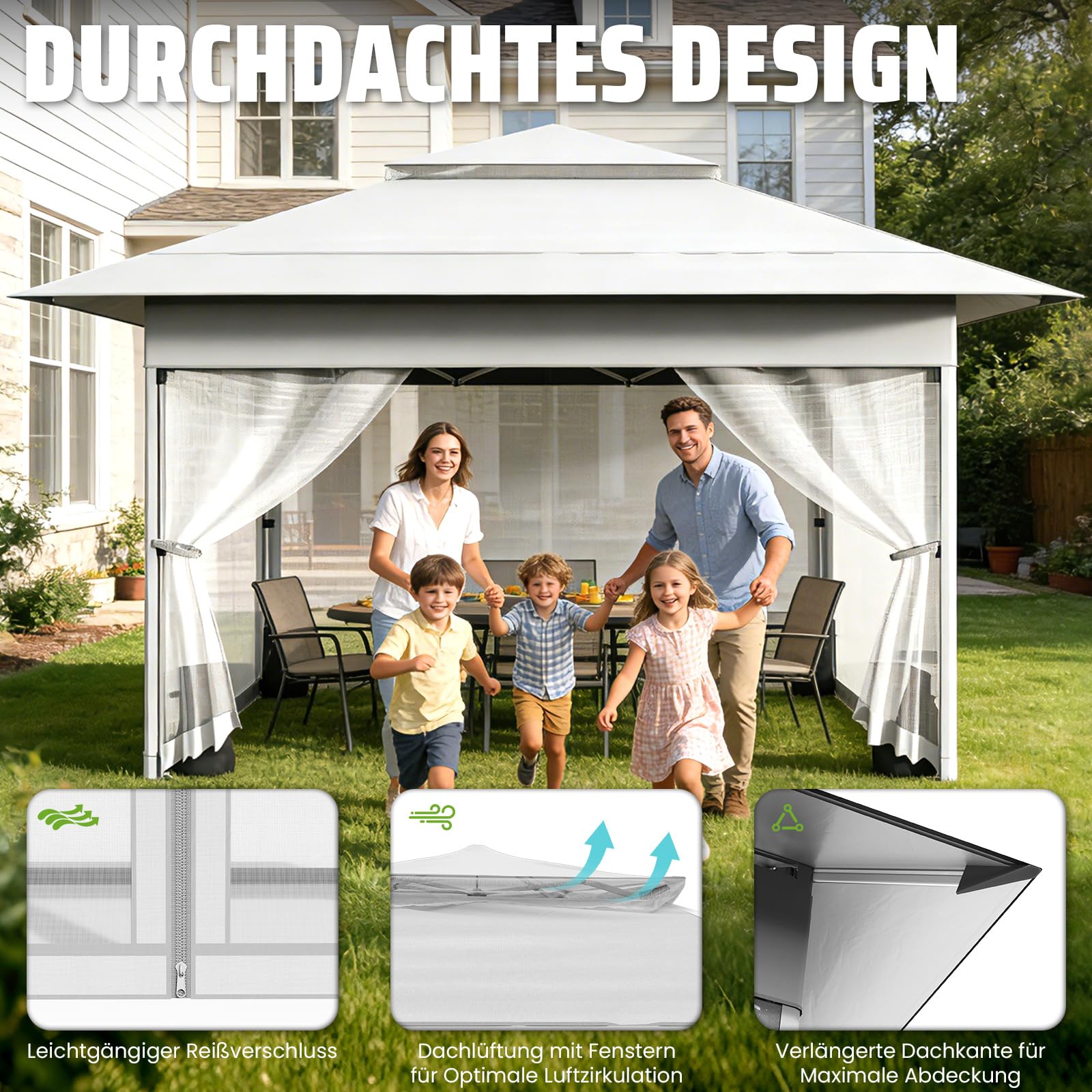 4x4m Pop-Up Pavillon,Faltpavillon mit Moskitonetz,Rollen Tragetasche,Weiß | Gartenpavillon Faltbar mit Sandsäcke Stabil,Wasserdicht,UV Schutz 50+,Belüftetes,Partyzelt für Garten Party Festival