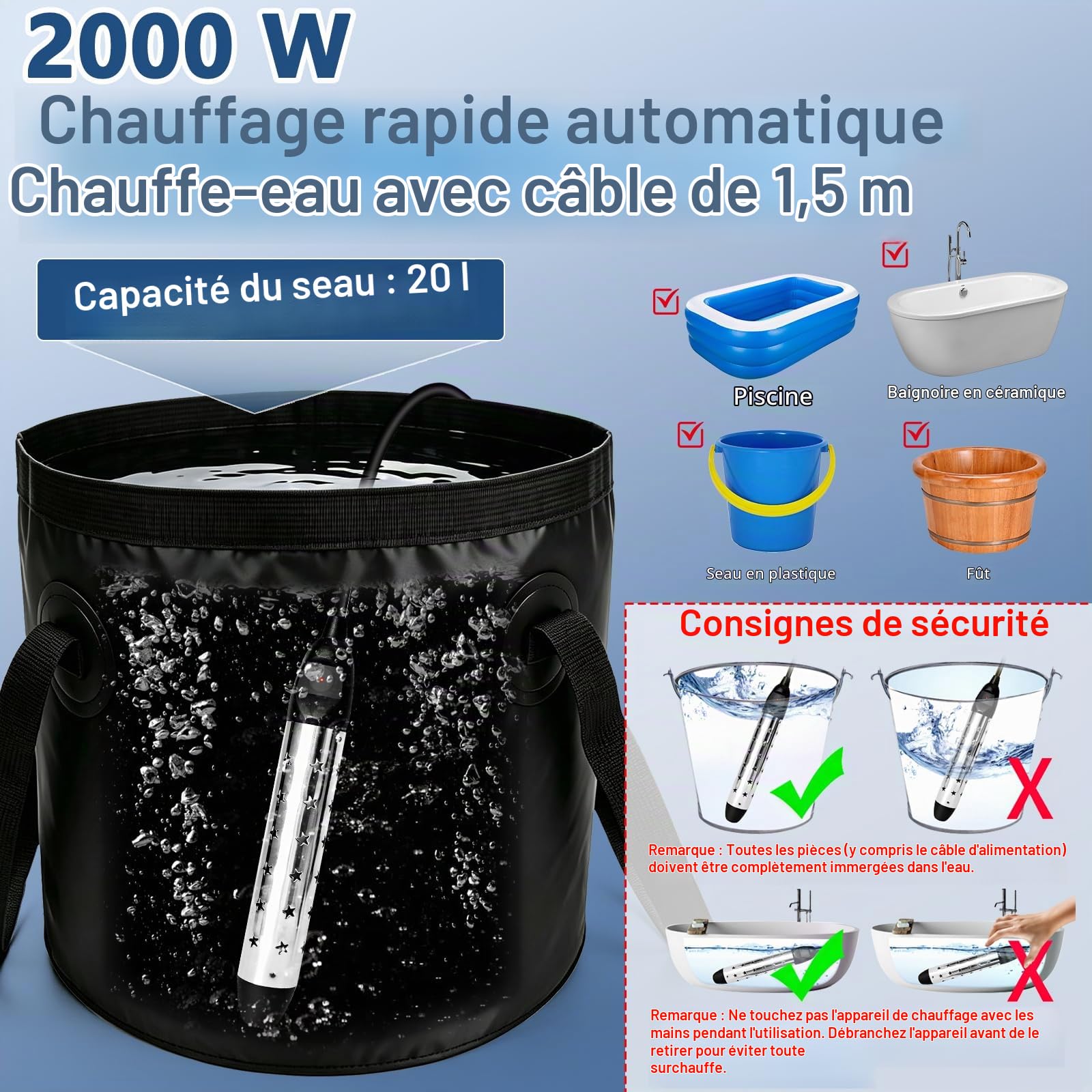 Douche de camping portable avec pompe, 6000 mAh, douche de camping avec fonction chauffante | Seau pliable de 20 l avec indicateur de température pour extérieur, voyage, jardin, lavage de voiture
