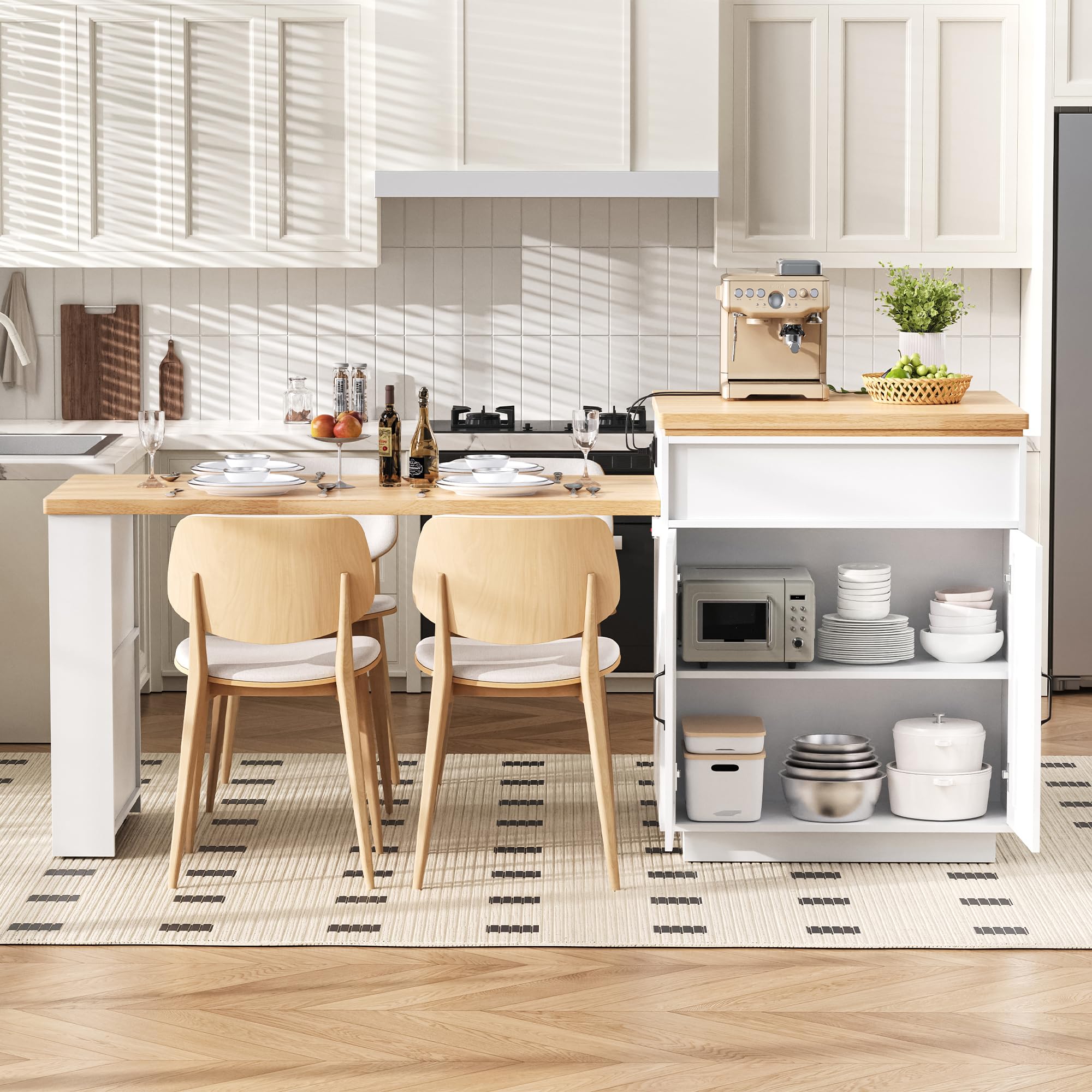 Kebnor Kücheninsel mit Rollen, Ausziehbarer Esstisch mit LED-Beleuchtung, Küchentisch mit Steckdosenleisten, dient als Kücheninsel, Anrichte, Sideboard oder Bartisch für Küche und Esszimmer (Weiß)