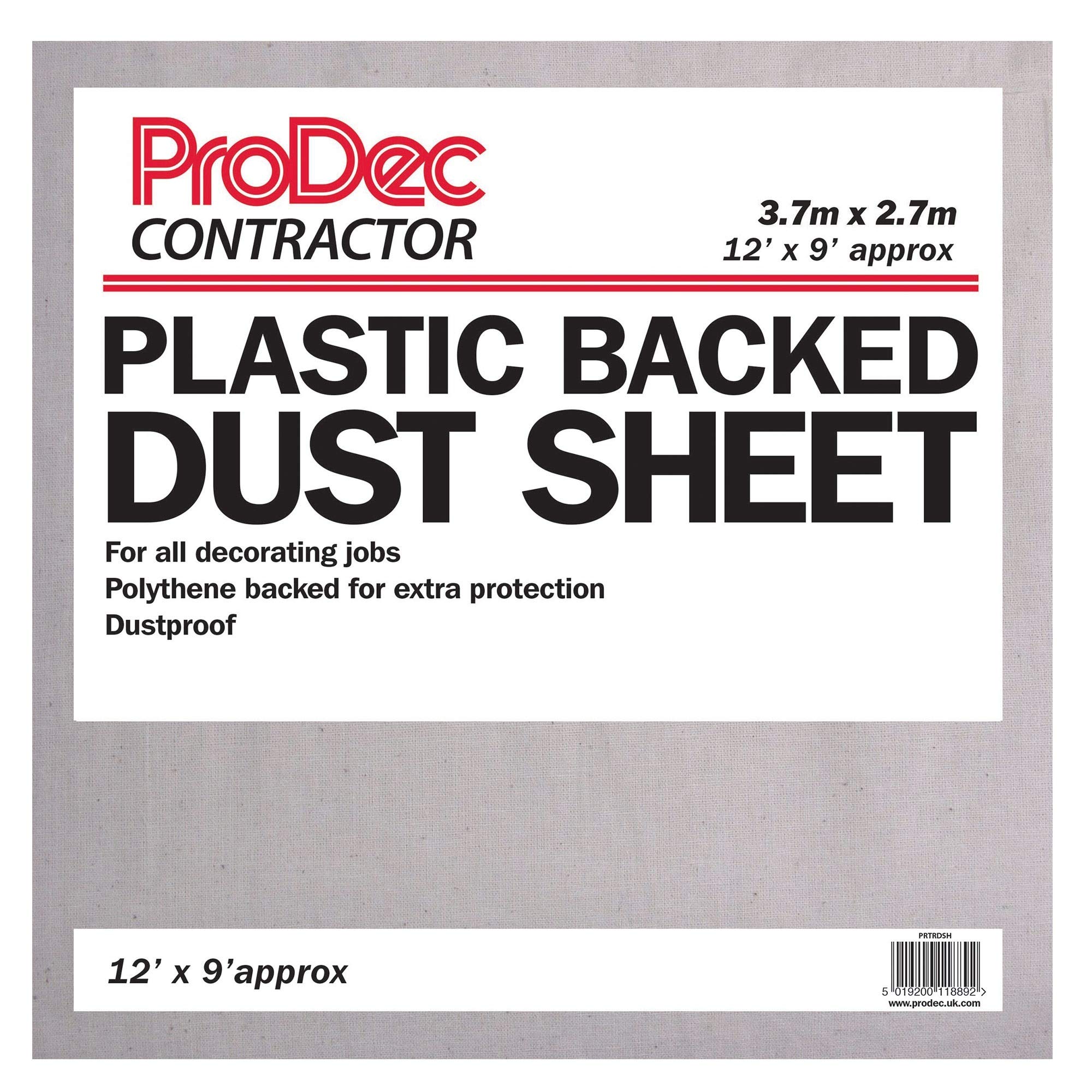 ProDec Contractor 12ft x 9ft Contractor Poly Backed Dust Sheet Drop Cloth For Painting Decorating Covering Stairs, Hallways, Corridors and Floors, Absorbs Spills, No Soak Through, Reusable