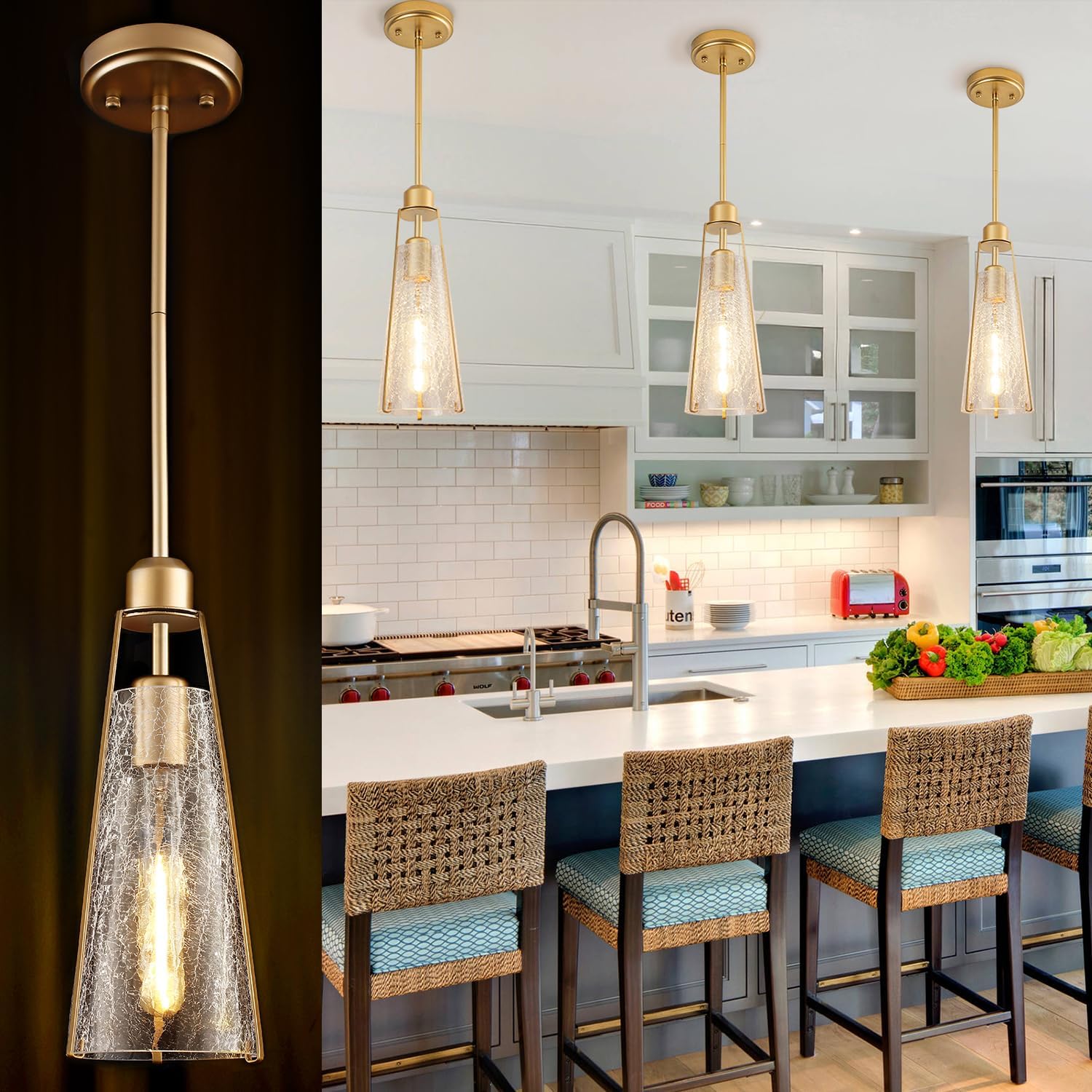 Heircido Gold Glass Pendant Light, Modern Bar Lights Hanging,3 Pack