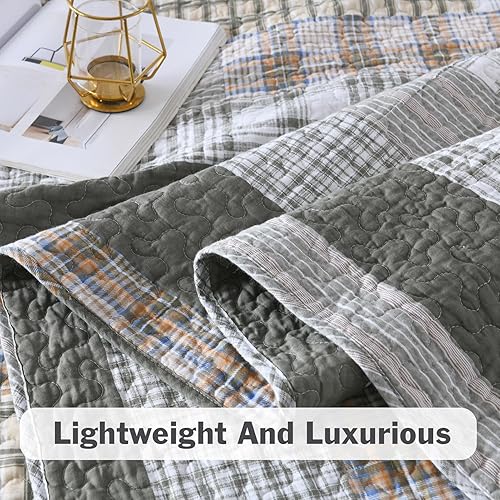 Miniatura 6 de Y-PLWOMEN Juego de edredón tamaño King 100 % algodón, color verde grisáceo, tamaño King, acogedor, a cuadros, ligero, para todas las estaciones, 3