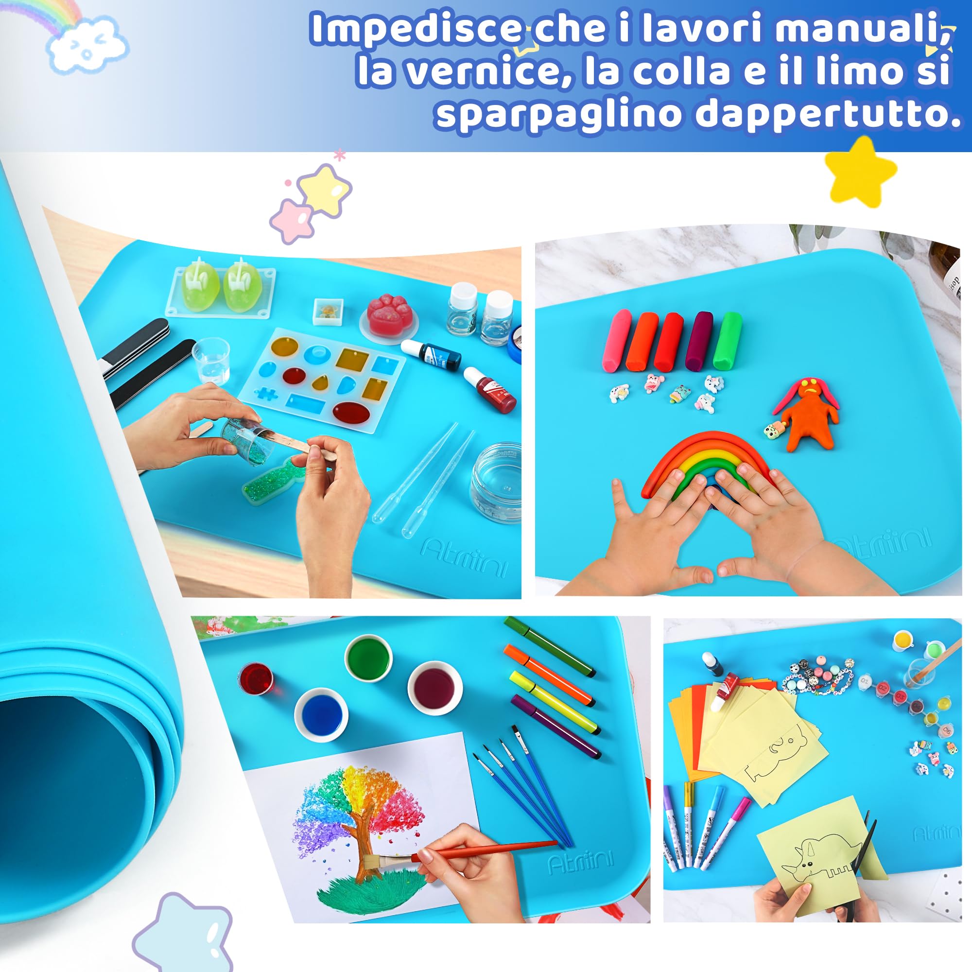 AtMini Tappetino in silicone grande 60x40 cm per artigianato, sabbia, pittura, resina, gioielli fatti a mano, disegno, multiuso con bordi rialzati (blu)