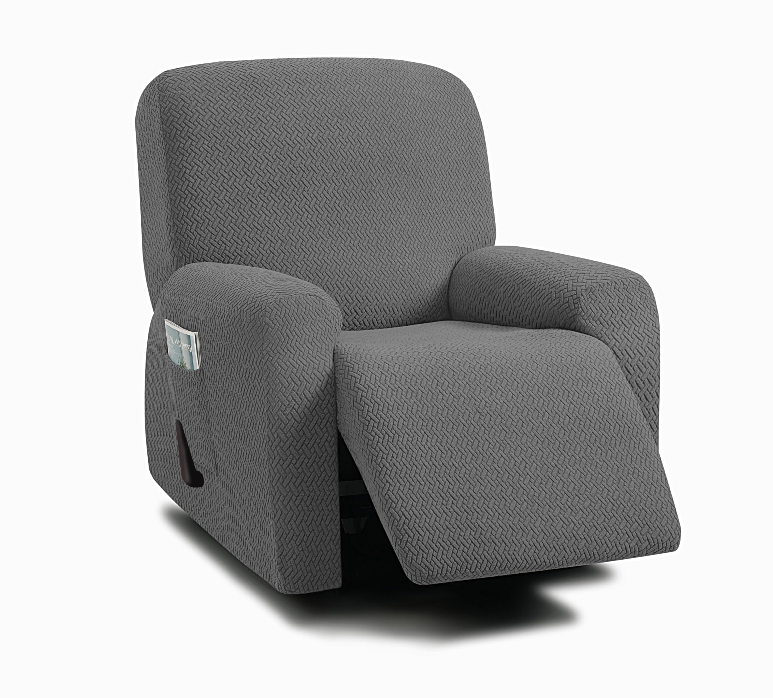 ULTICOR 4-Piece, 1 Seat Recliner Cover, Jacquared Stretch Reclining Chair Covers for 1 Cushion Reclining Sofa, Single Seat Recliner Couch Cover, Soft, Machine Washable (Style 3) (Dark Grey)