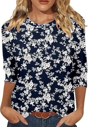 KISSMODA Tunic Tops for Women Loose Fit Dressy Round Neck Pleated 3/4 Length Sleeve Spring Tops