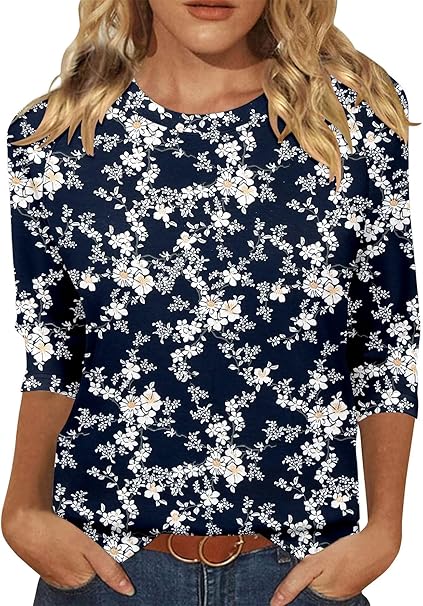 KISSMODA Tunic Tops for Women Loose Fit Dressy Round Neck Pleated 3/4 Length Sleeve Spring Tops
