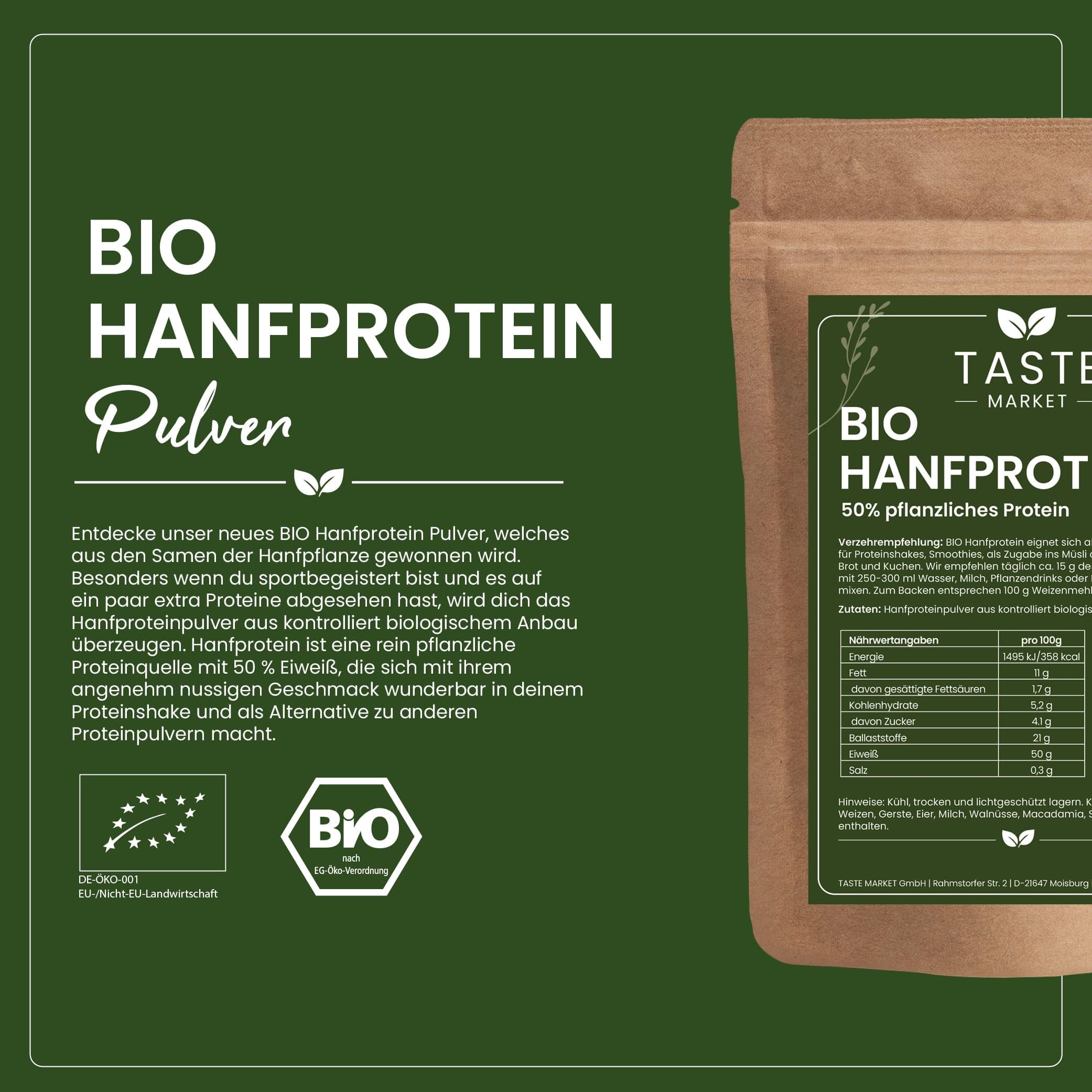 2 kg BIO Hanfprotein Pulver | veganes Proteinpulver | 50% pflanzliches Eiweiß | ohne Zusätze | Glutenfrei | Taste Market