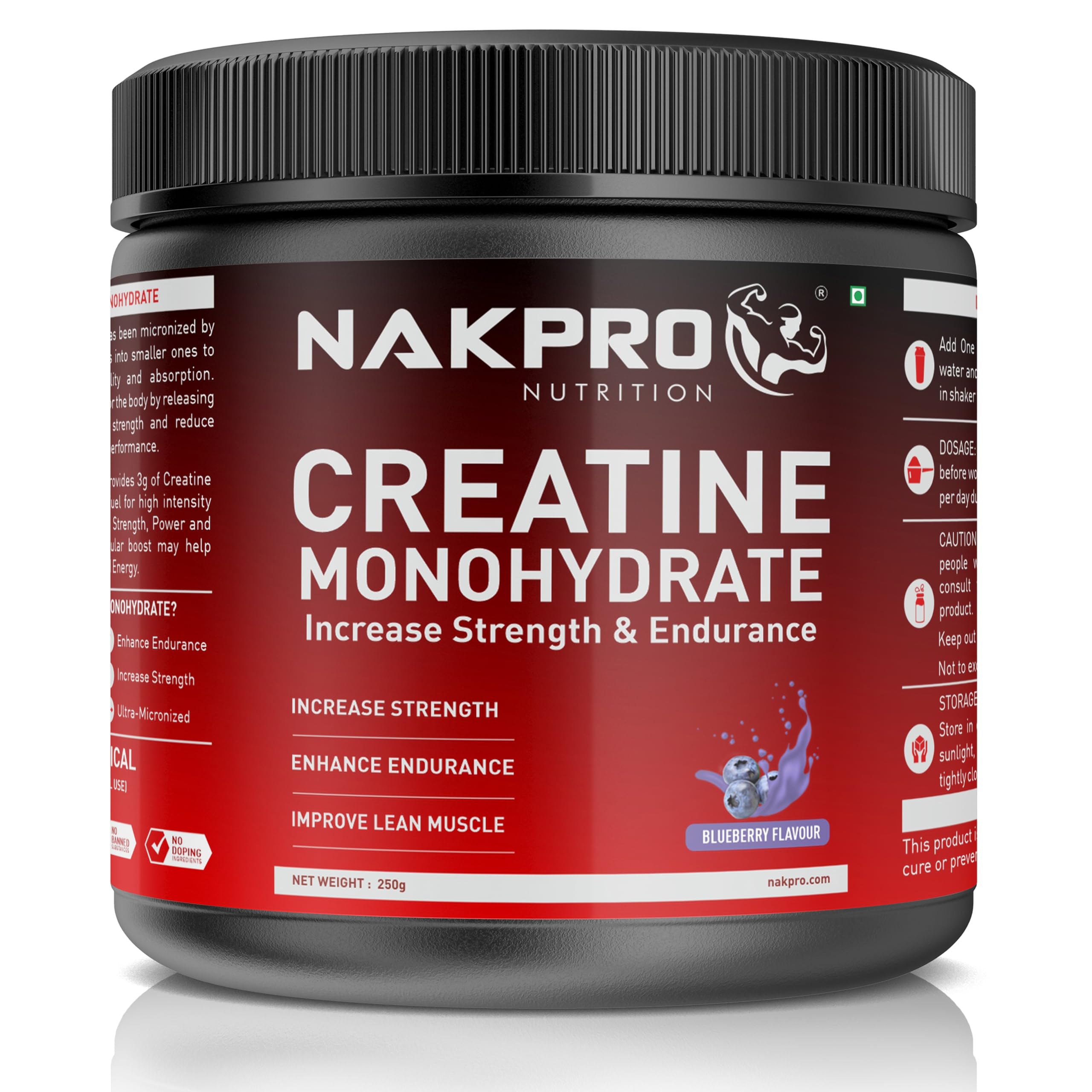 NAKPRO NUTRITION Micronised Creatine Monohydrate | 250g Jar | Blueberry | 3g Creatine/Per Serving | Trustified Certified | Rapid Absorption Pre/Post Workout