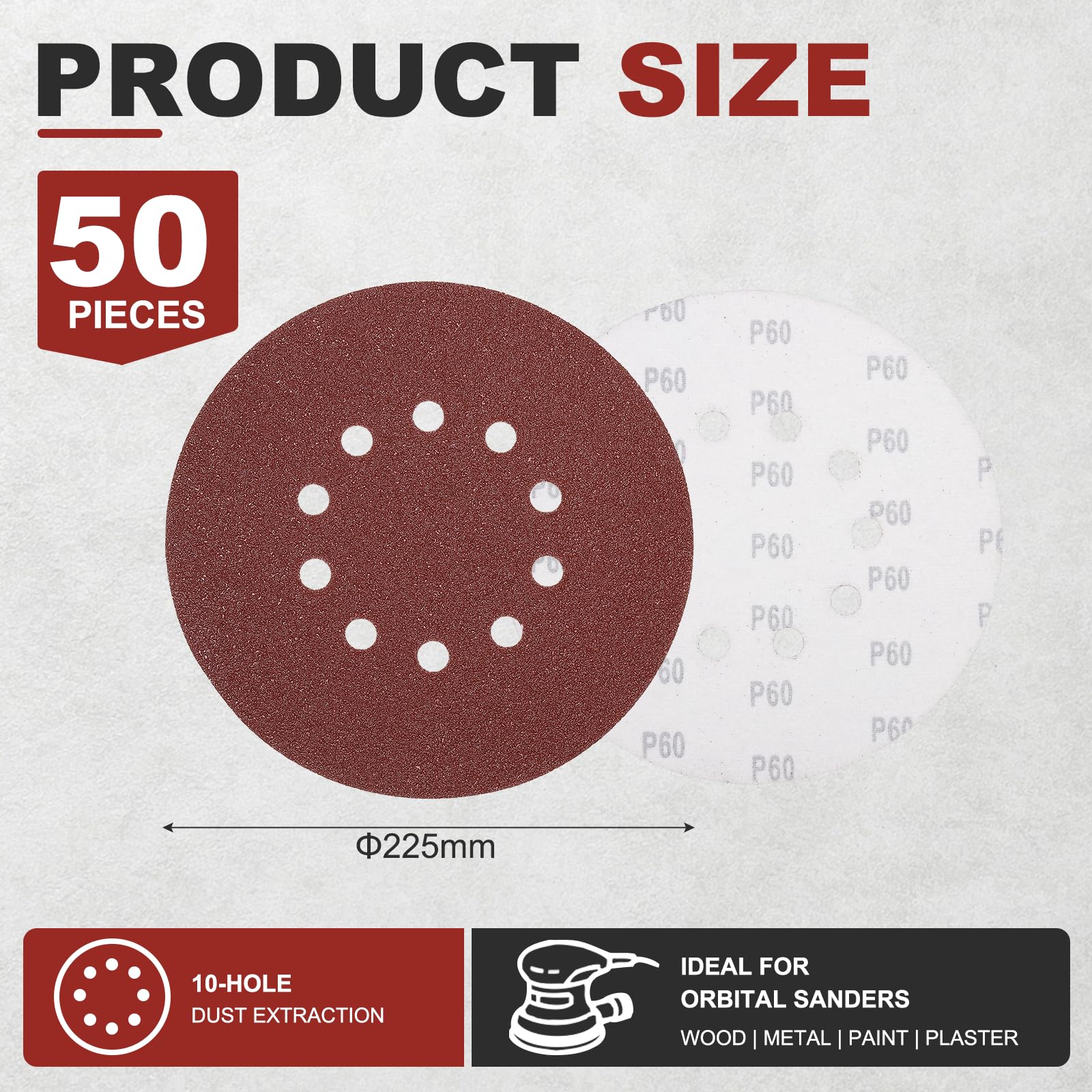 DTGN 50 Fogli Carta Vetrata 225mm Chiusura Strappo 10 Fori Grana 60 Rossa