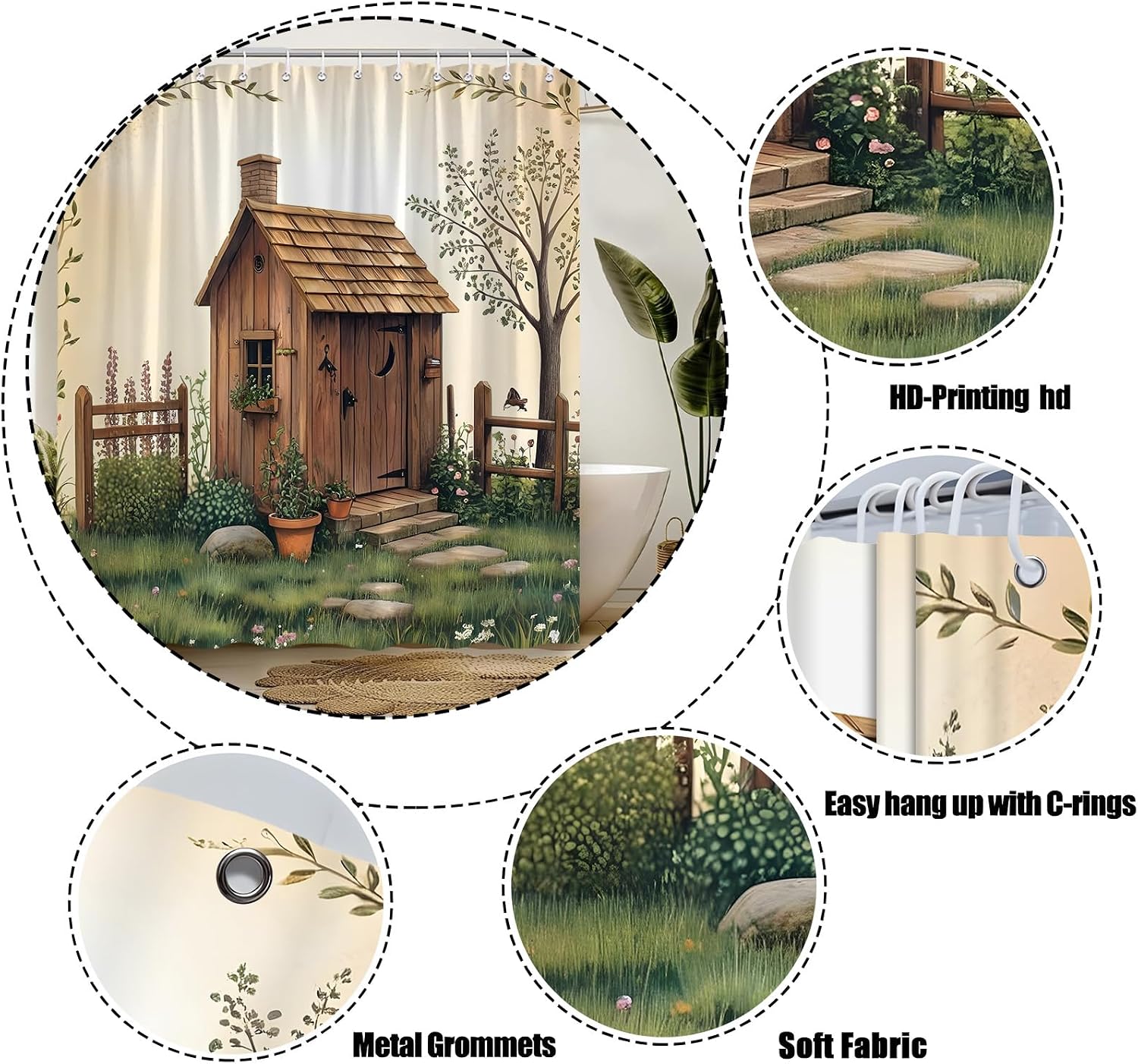 Outhouse Shower Curtain,Rustic Farmhouse Funny Wooden Decor for Bathroom,Vintage Country Nature Scenery with Green Plants & Fence, Polyester Fabric Set with 12 Hooks, 70 x 70 Inch