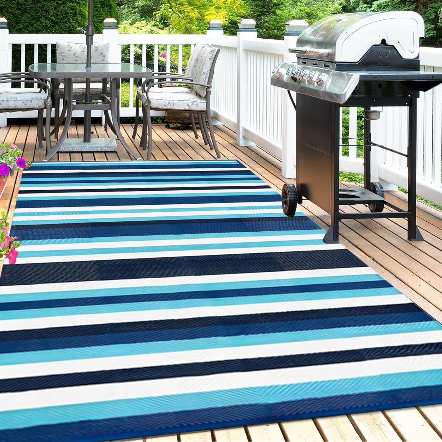 Tapis Imperméable Rayé Bleu,120x180 Petits Tapis Rectangulaire,Tapis de Jardin en Plastique Pliable,Tapis de Sol de Camping Réversible,Tapis Extérieur pour Terrasse,Balcon,Pique-Nique,Plage