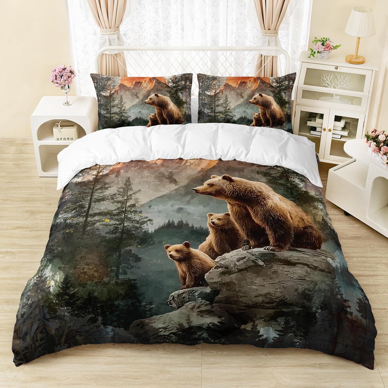 AILONEN Rustic Bear Duvet Cover Set Queen Size for Boys,Kids Wildlife Woodland Forest Animal Print Soft Comforter Cover & 2 Pillowcases,3 Pieces