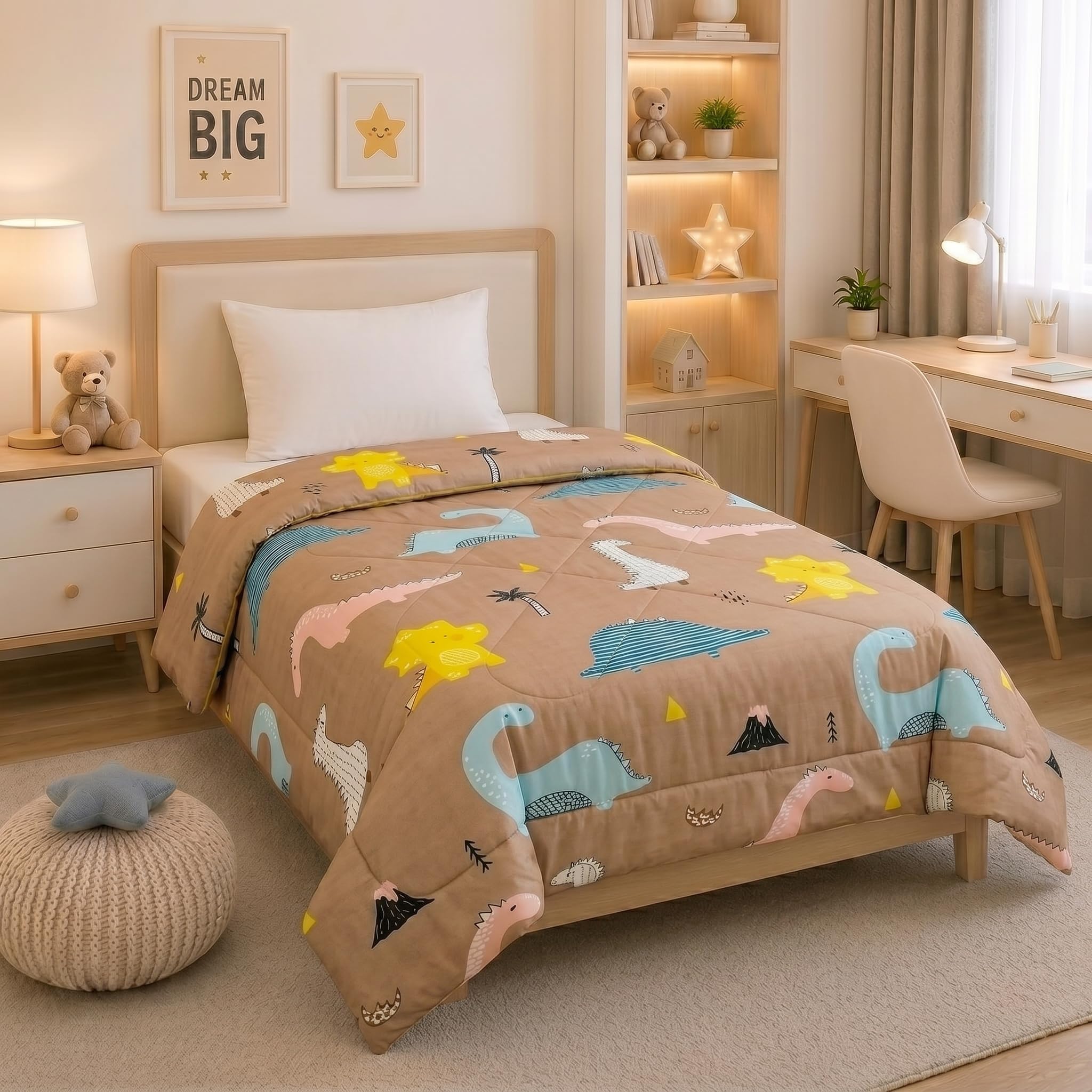 Filymore Danasour Comforter for Kids Boys - Cute Cartoon Print Single Bed Blanket, Microfiber Dohar for Boys & Girls | Soft Kids Winter & Summer Quilt|60x90 Inches (Brown)-image-22