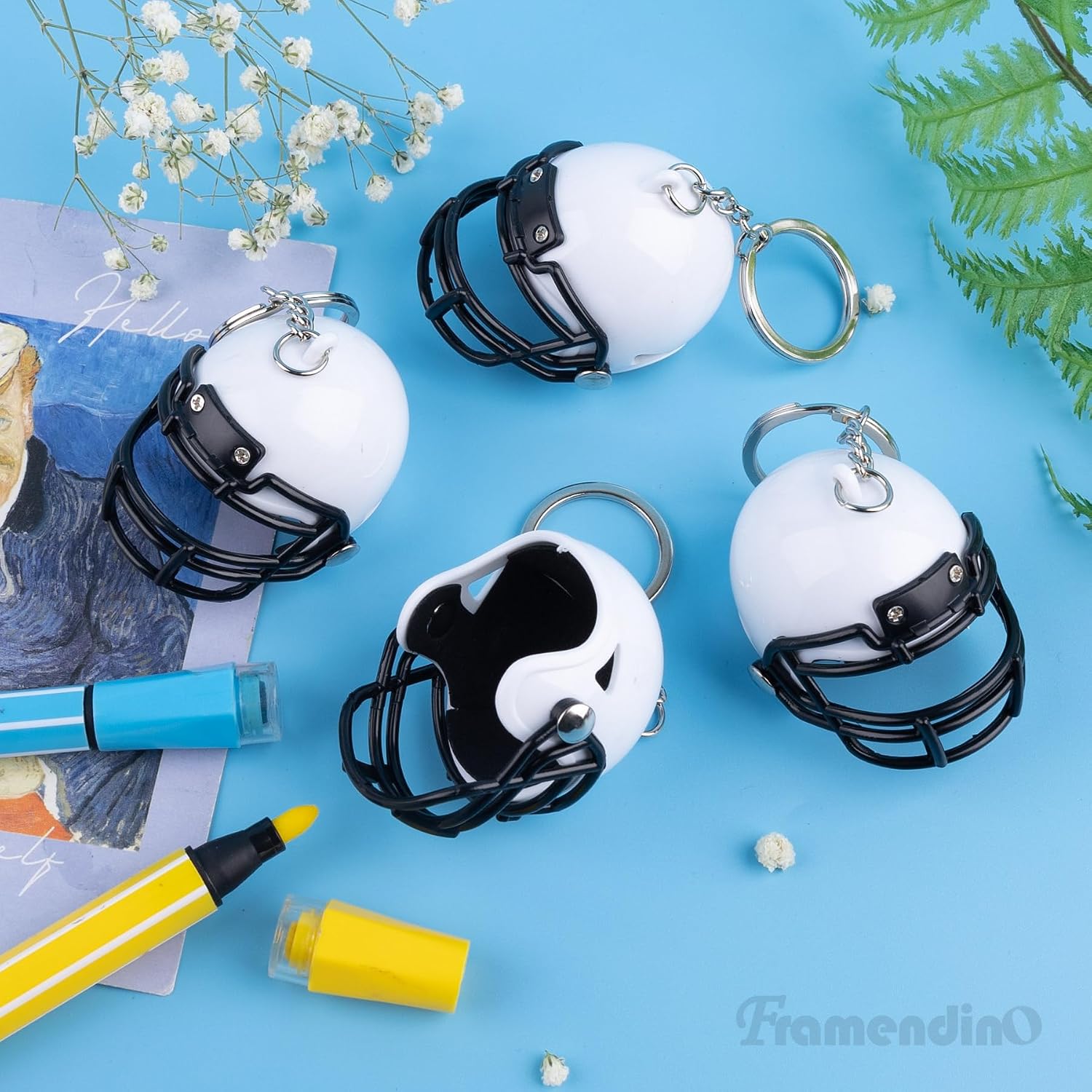 Framendino, 32 Pack Football Keychain Blanks Rugby Hockey Helmet Keychains for Painting DIY Crafts White