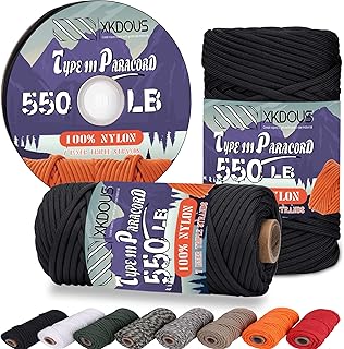 XKDOUS 550 Paracord 50ft Black Parachute Cord, 100% Nylon 7 Strand Inner Core Type III Tactical Paracord Rope, Outside Survival Gear for Bracelets, Lanyards, Handle Wraps, Camping & Hiking