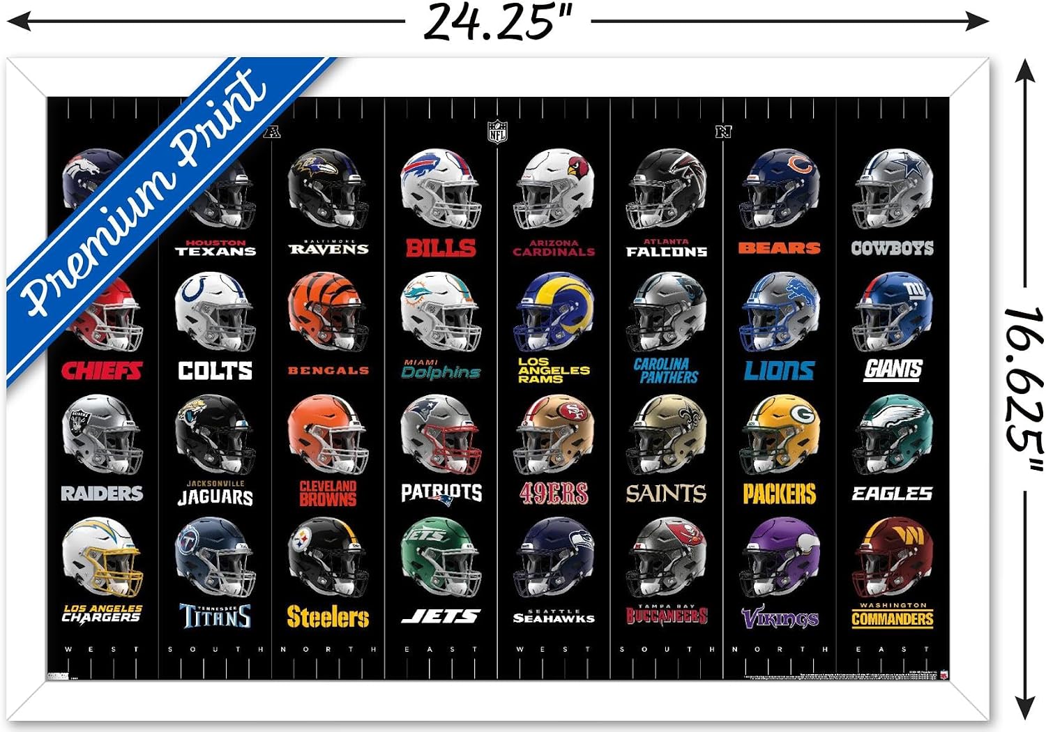 NFL League - Helmets 24 Wall Poster, 22.4L" x 14.7W", White Framed Version