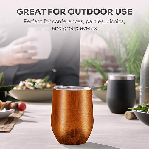 Miniatura 7 de FineDine Vaso de vino con triple aislamiento con tapa (paquete de 4) juego de vasos de acero inoxidable de 12 onzas, mantiene las bebidas calientes