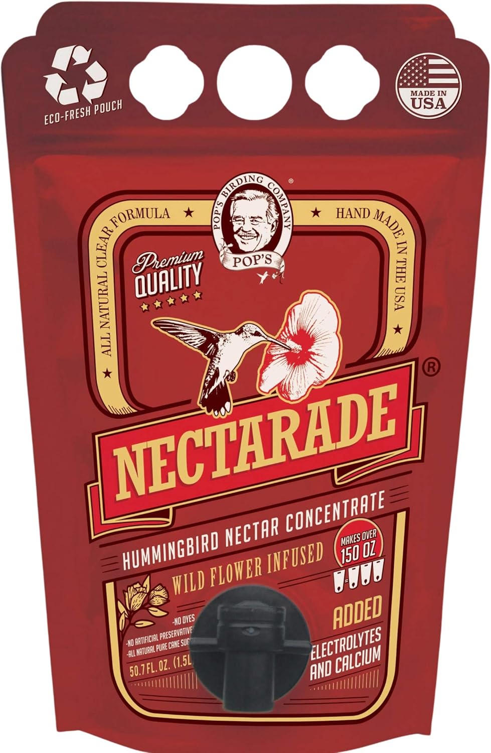 POP'S Nectarade Hummingbird Nectar, Concentrate (50.7 oz) Makes 150oz of Nectar | USA Made Premium Humming Bird Food - Dye Free, Natural Ingredients
