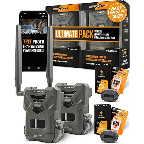 SPYPOINT Flex-M 2-Pack and SD Card 2-Pack with LIT-22 | Cellular Trail Cameras | Best Value in Hunting | No WiFi Needed, GPS-Enabled | Night Vision | IP65 Waterproof | 28MP Photos, 720p Videos