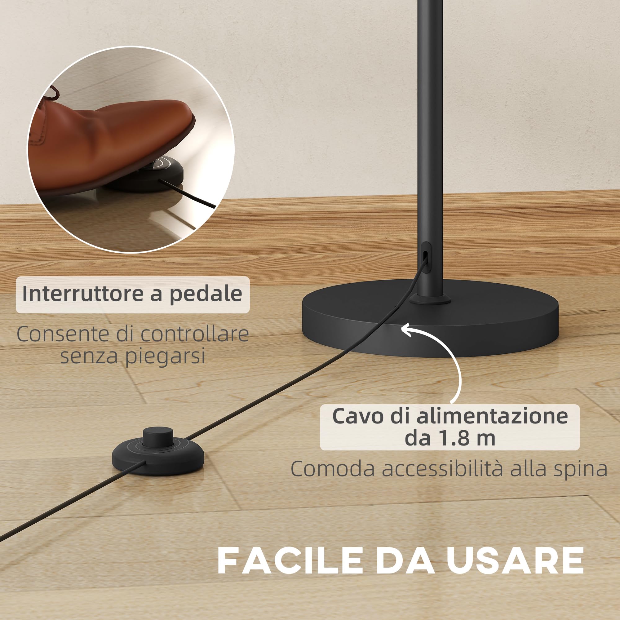 HOMCOM Lampada da Terra Alta 165 cm 3 Luci Attacco E27 Max 40W Color Oro | Lampada da Pavimento, Interruttore a Pedale, per Camera e Ufficio