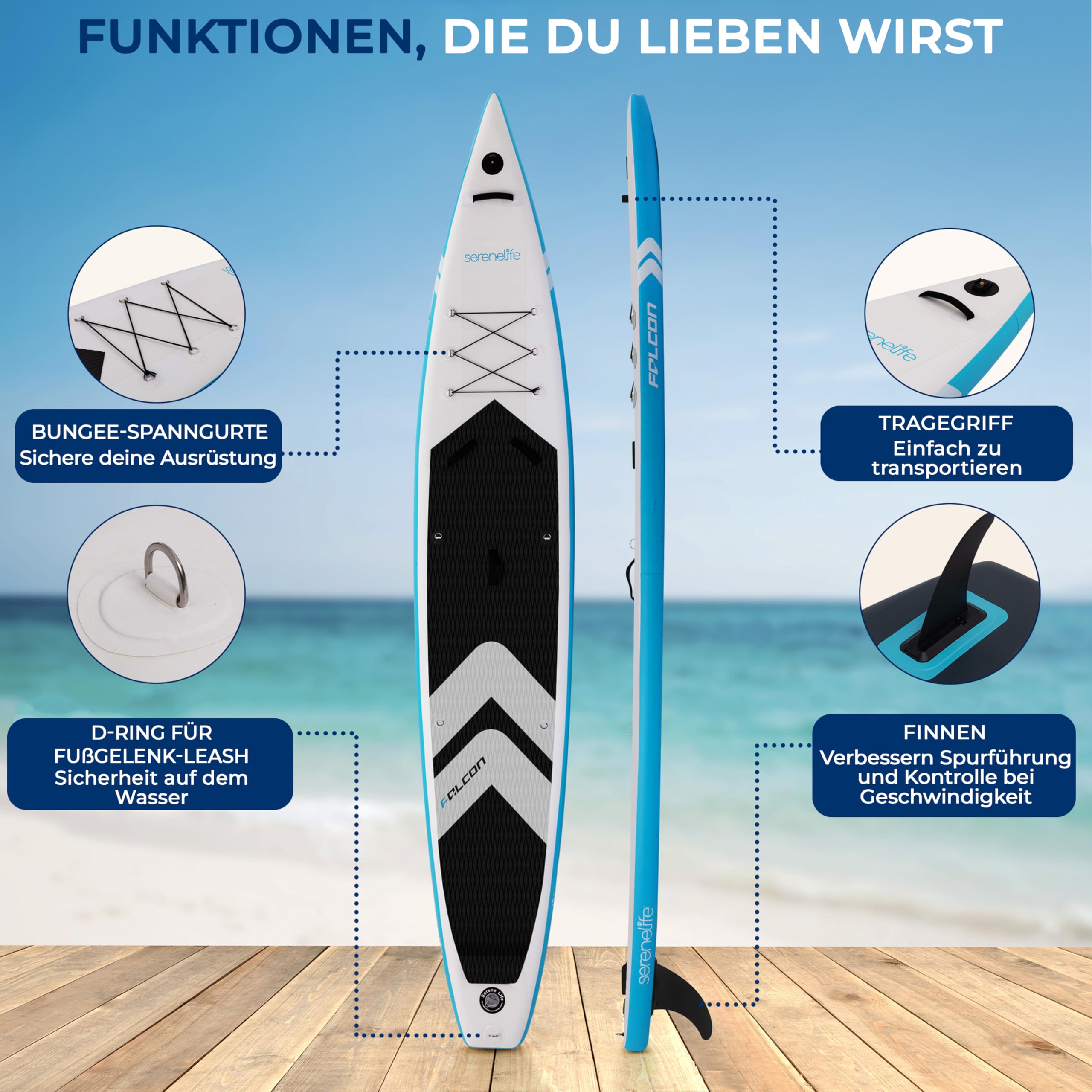 SereneLife SUP Board Aufblasbar Set – Stand Up Paddling Board mit Zubehör und rutschfestem EVA-Deck für See, Fluss, Touring, Yoga und Freizeit