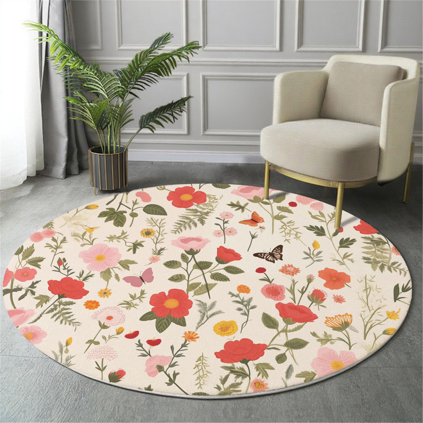 Tappeto Salotto Rotondo Grande Pelo Corto, Estetica Delle Piante Grandi Antiscivolo Tondo Moquette,Rose Selvatiche Farfalle Bambini Camera,Domestica Decor Tappeti (Ø 180 cm,Rosa)