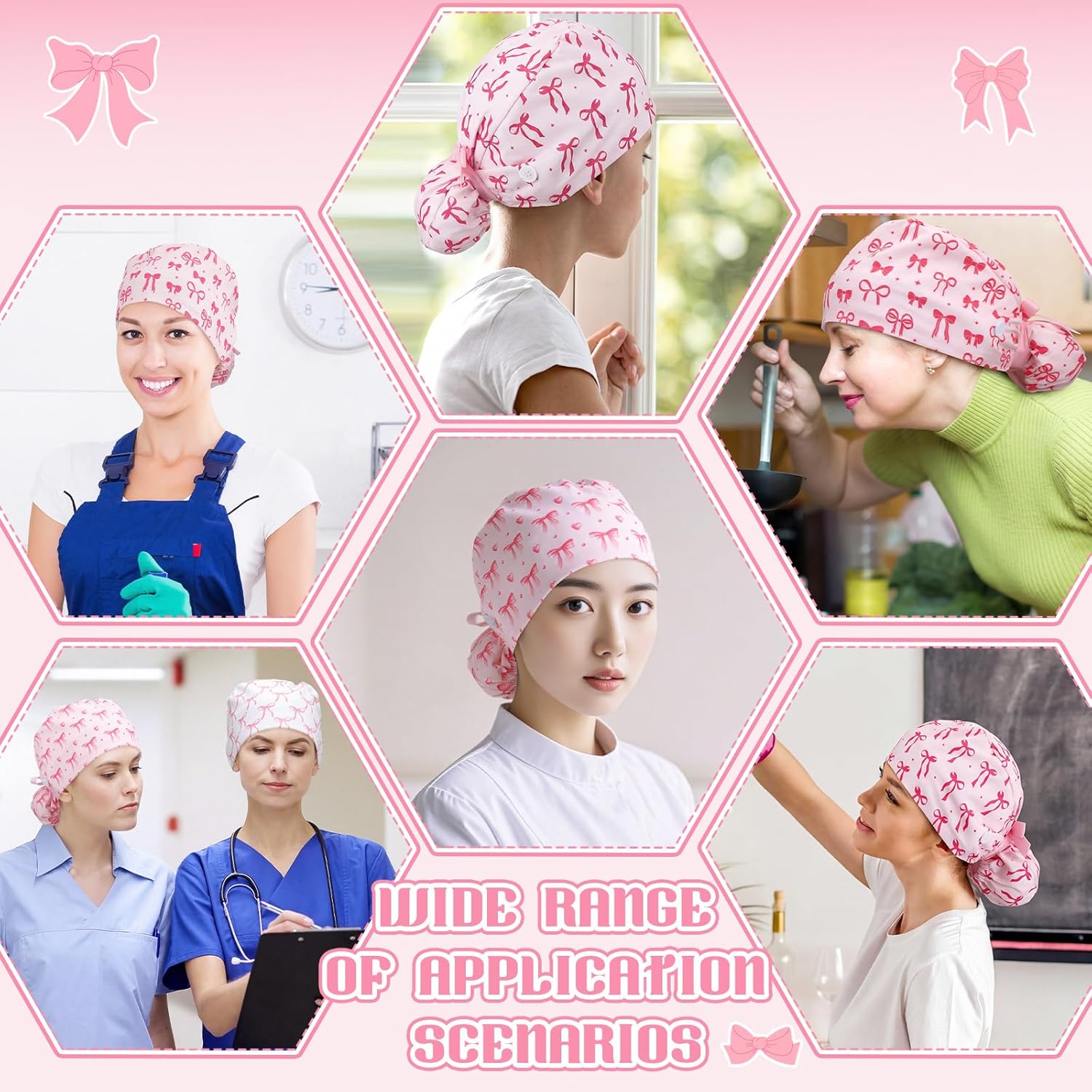 Shinymoon 8 Pcs Pink Bow Scrub Cap Women Satin Lined Coquette Dental Surgical Cap Valentines Doctor Nursing Hats Working Hat with Buttons and Ribbon Adjustable Tie Back Bouffant for Women Doctor Nurse - Image 4