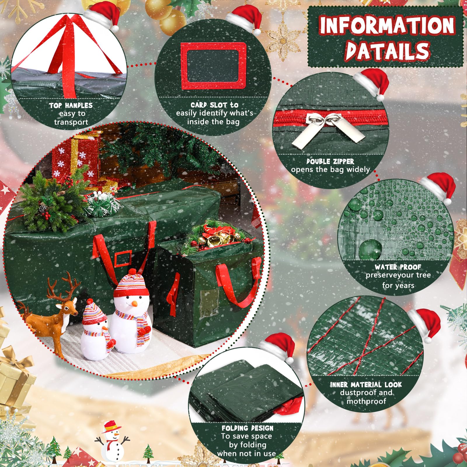 Lot de 5 sacs de rangement pour sapin de Noël artificiel démonté avec poignées renforcées, conteneur étanche pour sapin de Noël (vert, 2,7 m)