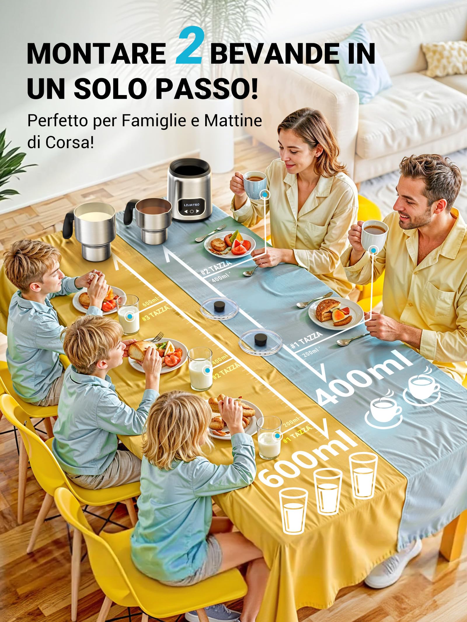 Livatro Montalatte Elettrico Con Doppia Tazza 600ml & 400ml, Cappuccinatore Elettrico In Bicchiere Inox, Montalatte A Induzione Per Schiuma Di Latte Calda E Fredda, Latte Caldo, Cioccolata Calda