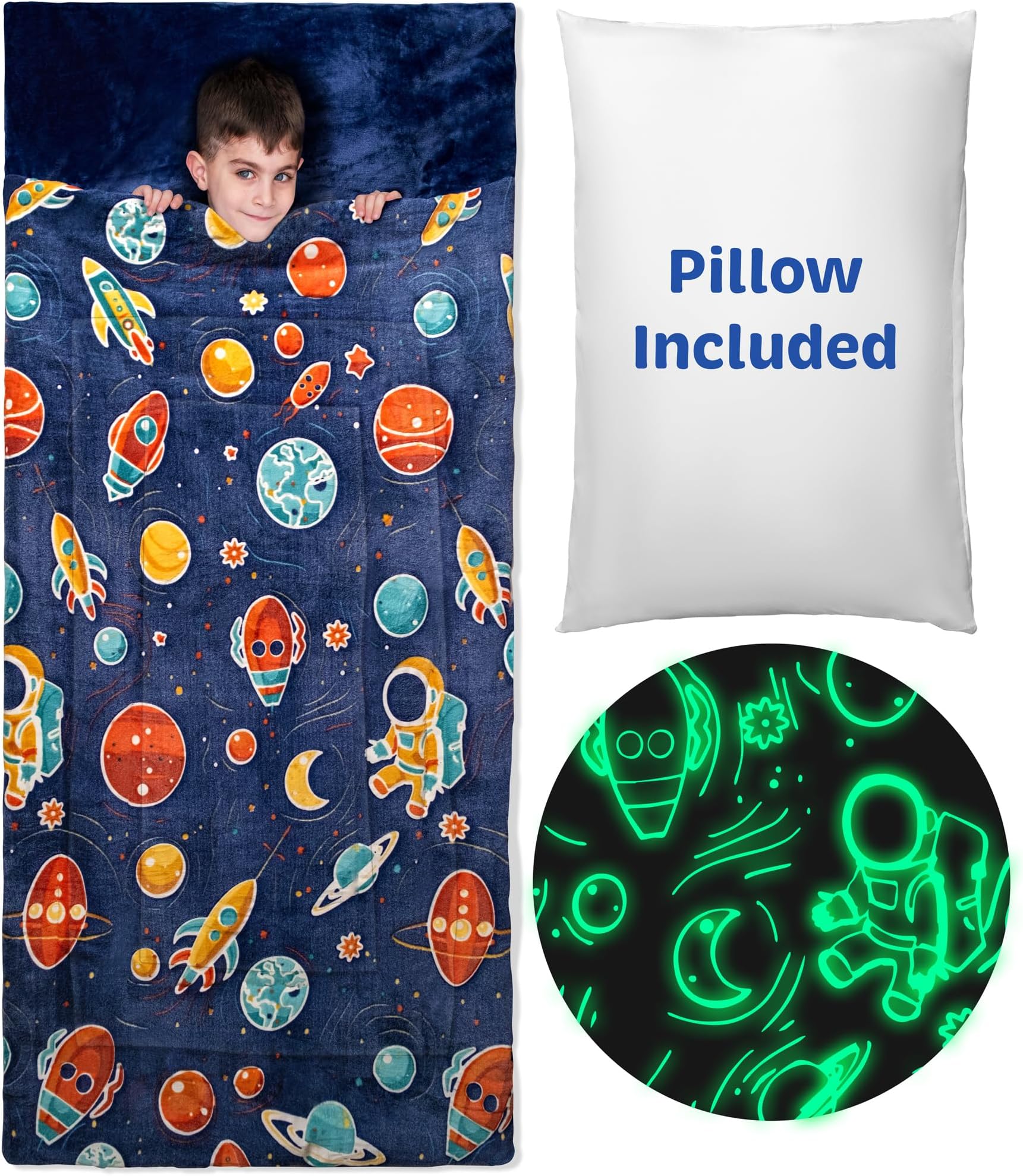 Kids Sleeping Bag for Boys & Girls, Glow in The Dark Sleeping Bags Kids Ages 3+, Large Kids Sleeping Bag with Pillow Pocket, Extra Soft Toddler Sleeping Bag - Kids Sleep Bag Blanket (66'' x 33")