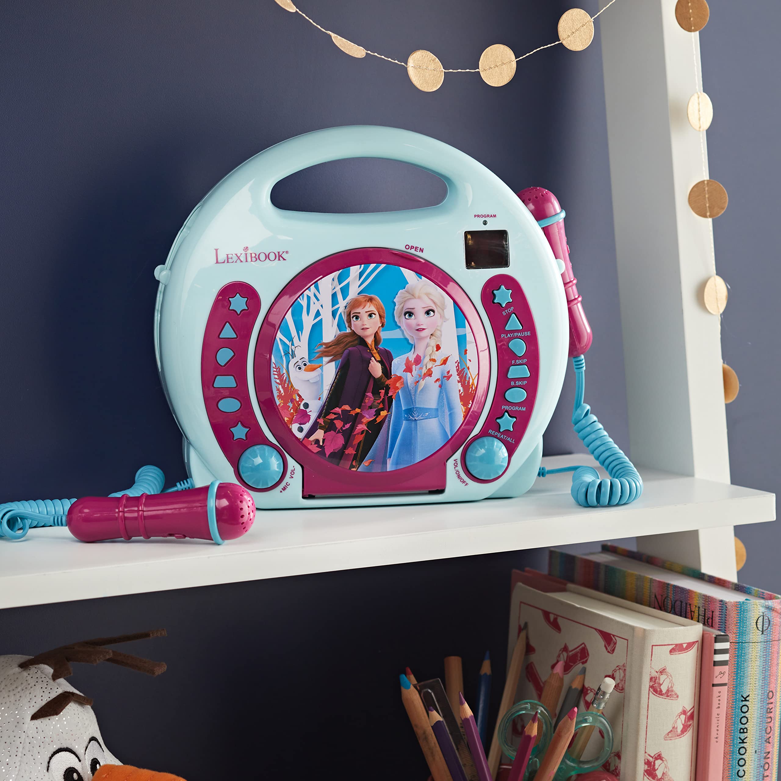 Lexibook, La Reine des Neiges, Lecteur CD avec 2 Microphones, Fonction de Programmation, Prise écouteurs, pour Enfant, Secteur ou Piles, Bleu/Violet, RCDK100FZ
