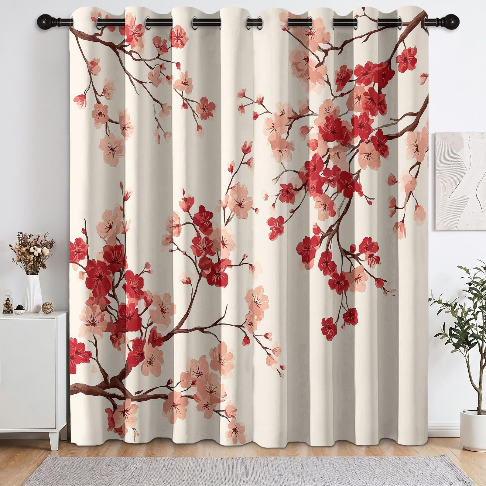 Kremowe zasłony zaciemniające do sypialni salonu, szer. 117 cm x dł. 183 cm, akwarelowe rośliny, kwiaty, kwiaty wiśni, izolacja termiczna, zasłona na przelotkach, przyciemnianie, redukcja hałasu