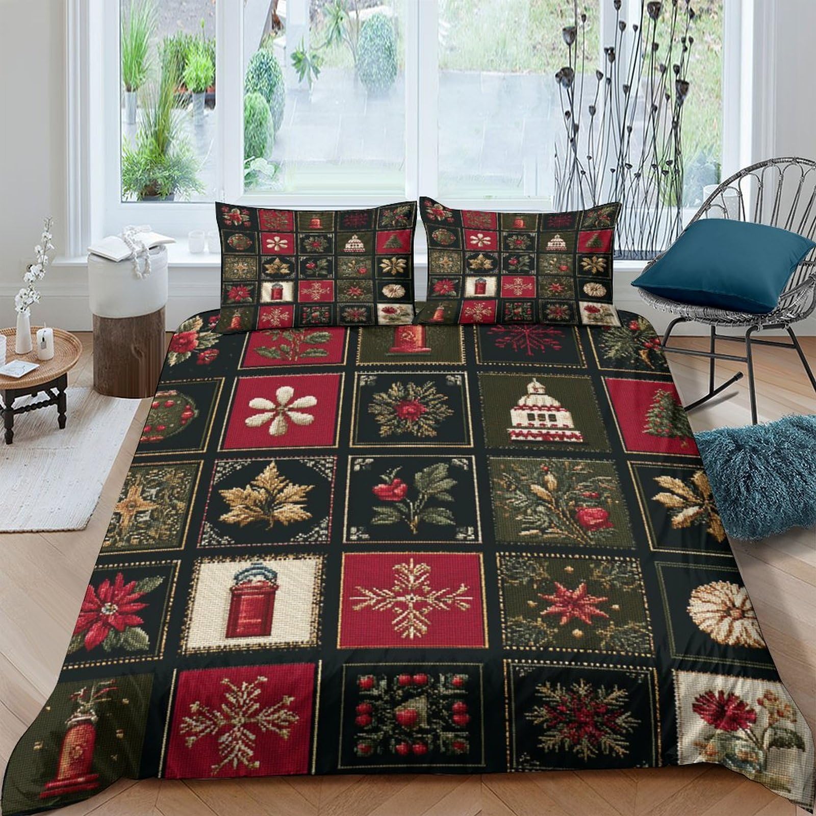 Ctjqhvkz Style-5 3D Printed Christmas Patchwork Fitted Sheet Microfiber Soft Red Green Festive Ornament Bed Cover For Bedroom Guest Room Single（135X200cm）