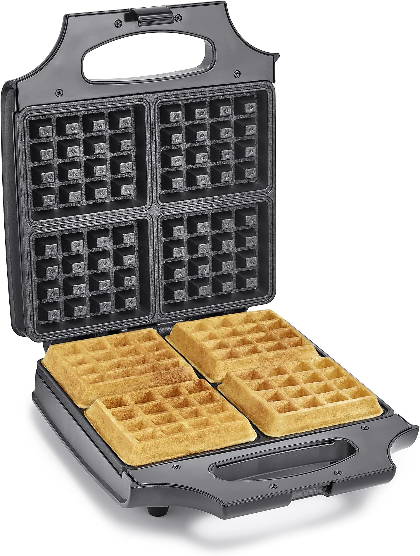 Waffle Iron - 4 Square Belgian Waffle Maker, Non-stick Extra Large Plates for Easy Cleanup - Compact Design, Stainless Steel, Black, 1400W