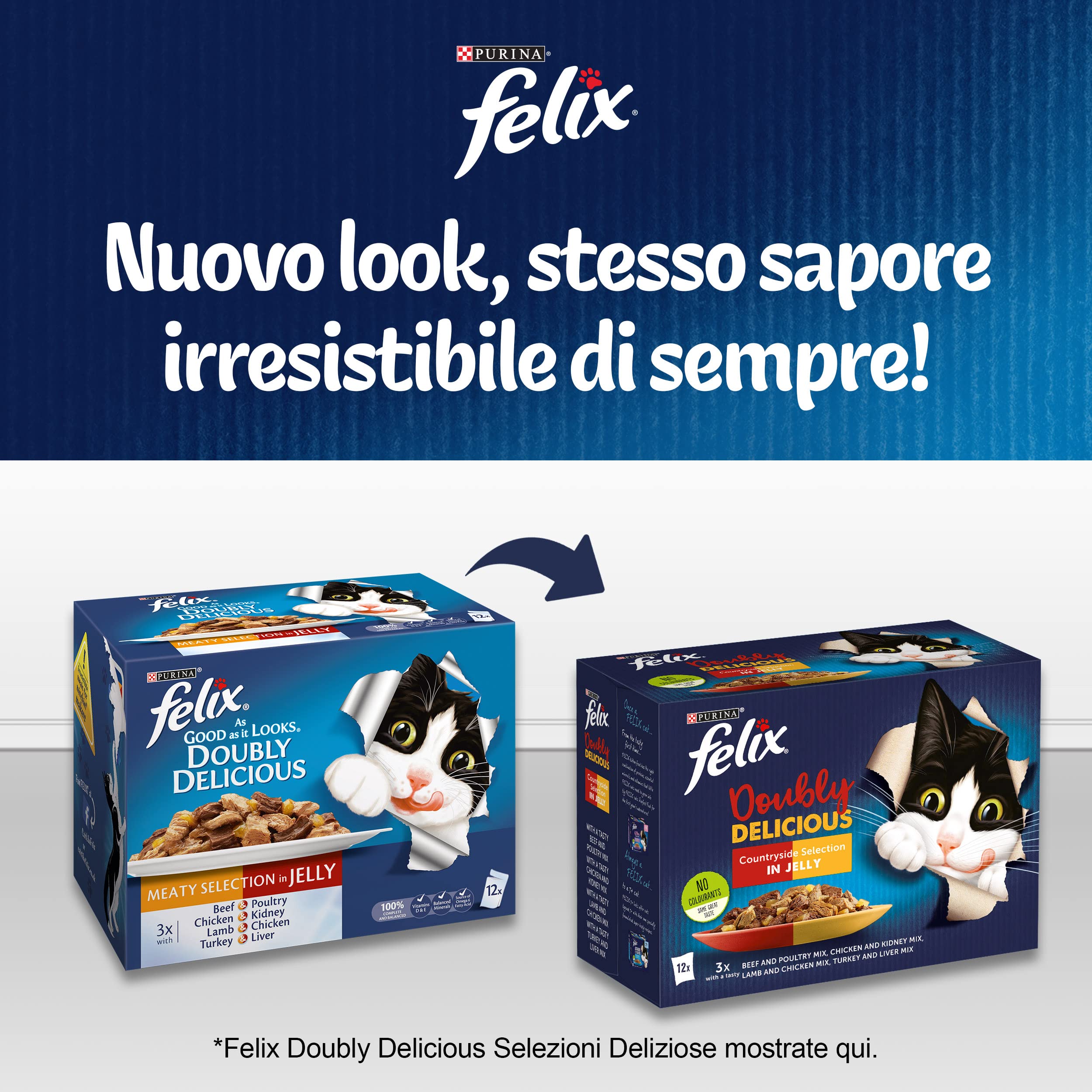 Purina Felix Le Ghiottonerie Cibo Umido per Gatti con Manzo e Carote e con Pollo e Pomodoro, 48 buste da 85g