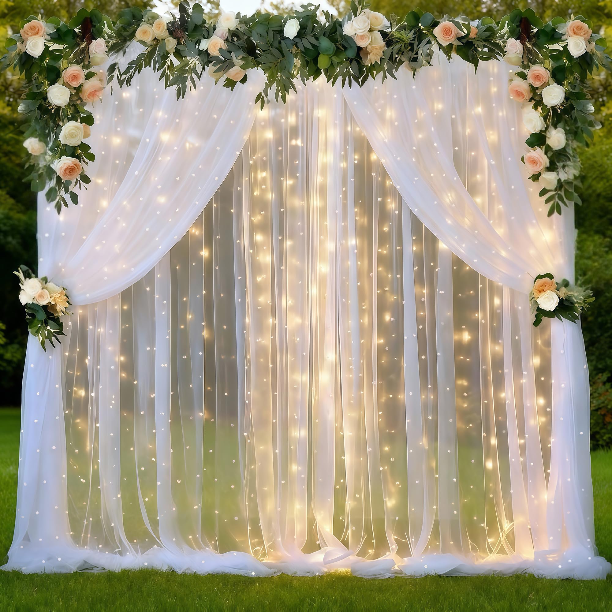 GUANSEN 10 x 10 FT Pearl White Tulle Backdrop Curtain with Lights Strings,Wedding Background Curtain Baby Shower Birthday Parties Photo Decorations(2