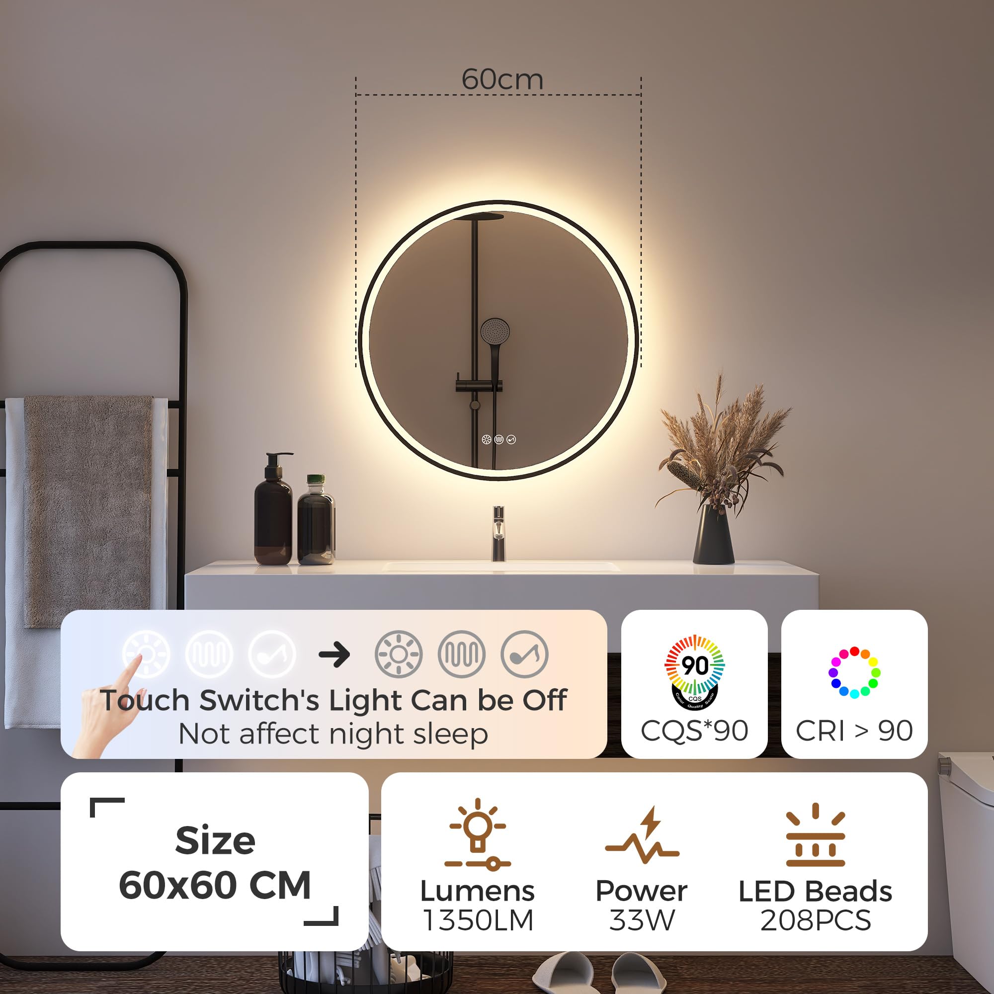 HOMCOM Specchio Rotondo Con Luci LED 60 Cm – Anti-appannamento, Touch Con Timer E Display Temperatura – 3 Colori Chiari (Caldo, Naturale, Freddo) – IP44 Per Bagno E Camera - 5