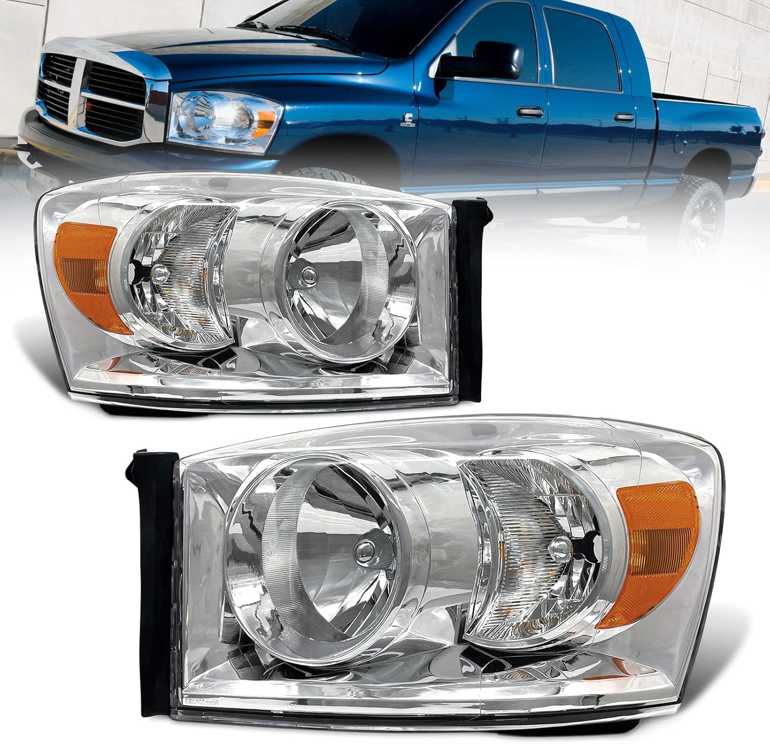 AS Headlight Assembly Compatible with 2006 2007 2008 Dodge Ram 1500/2006-2009 Dodge Ram 2500 3500 Chrome Housing Amber Reflector Driver Passenger Side OE- Chrome Housing Amber Reflector