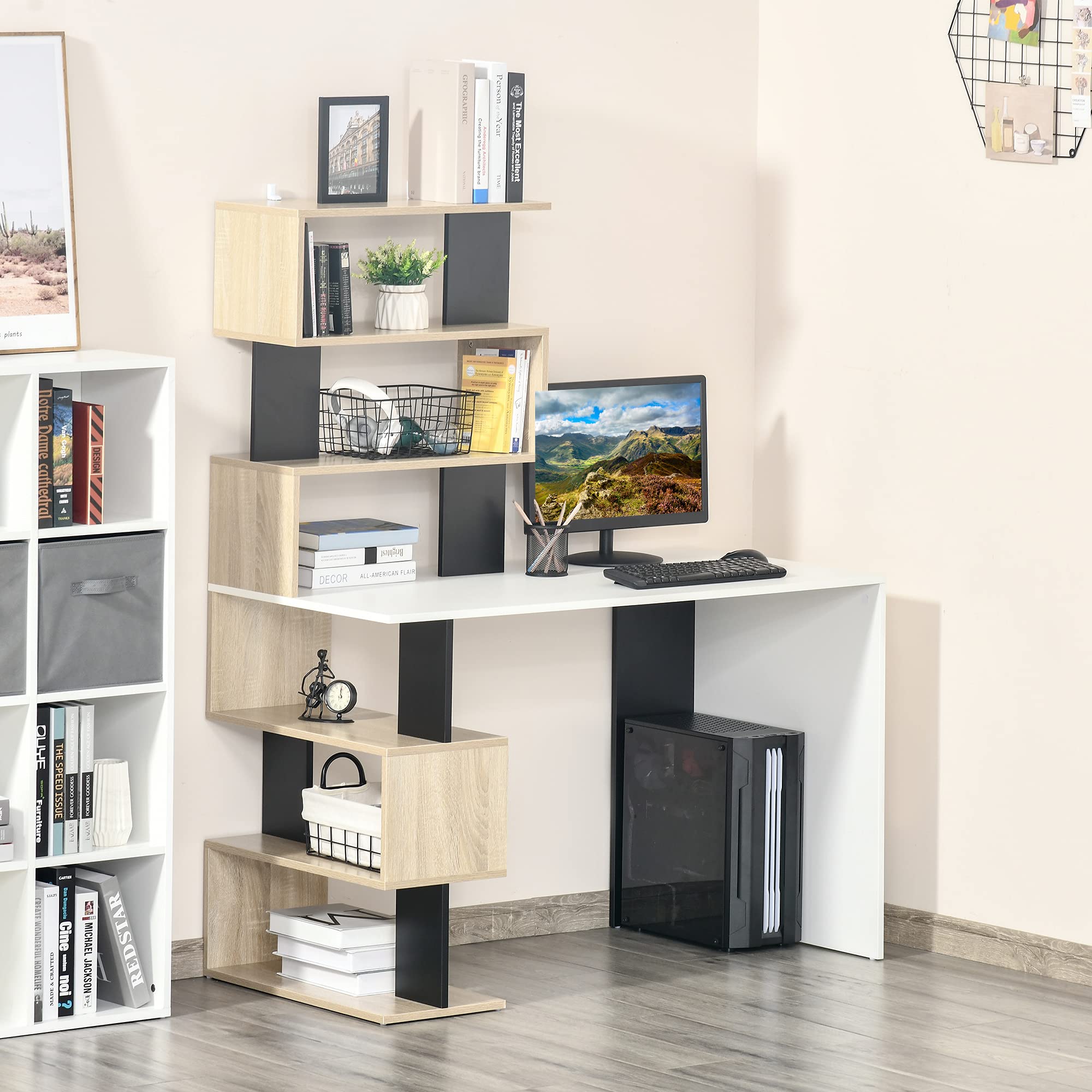 HOMCOM Scrivania con Libreria per Camera Ufficio 120x60x148cm Multicolore | Scrivania Ufficio, Porta PC, in Legno