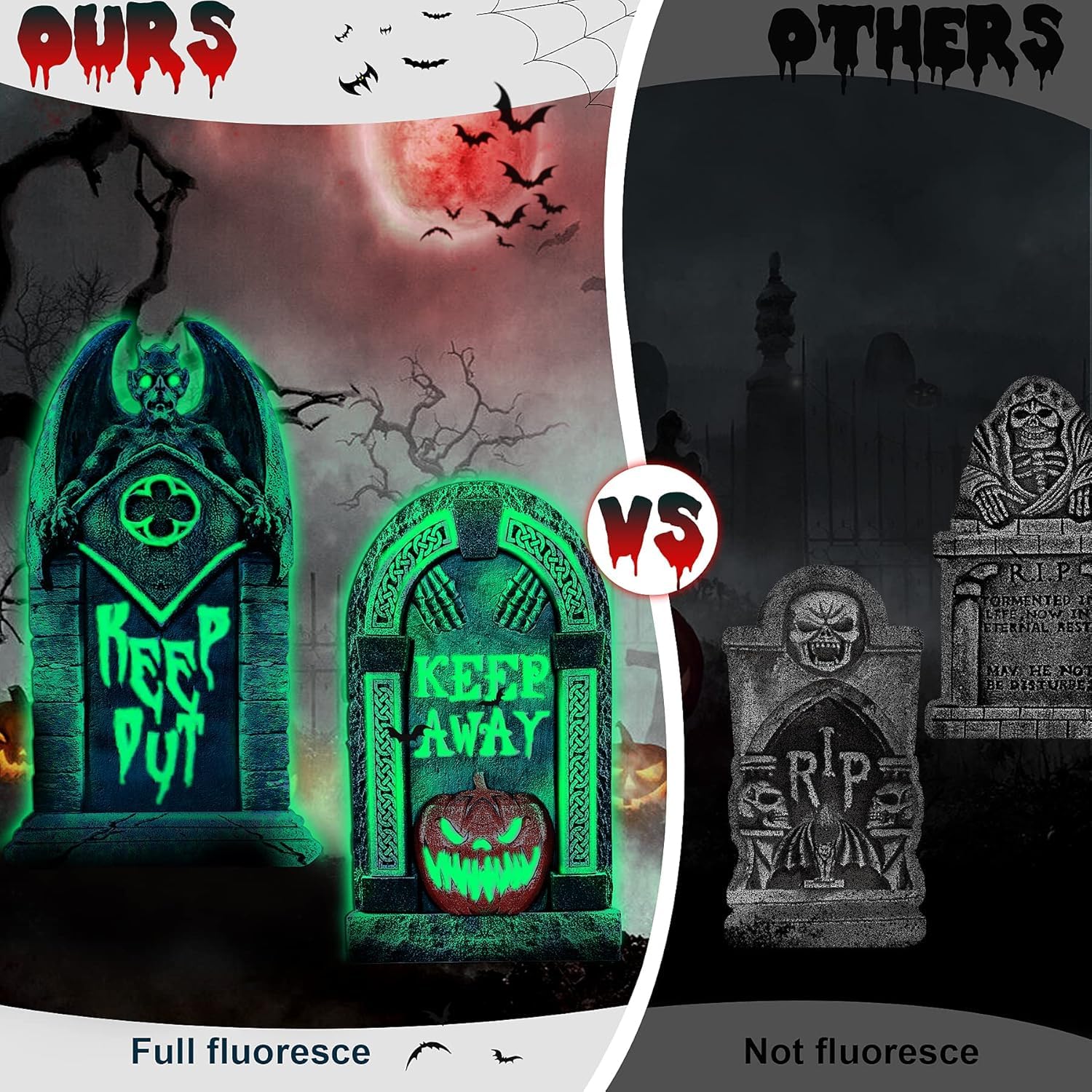 Lot de 6 Pierres Tombales d'halloween avec Effet Fluorescent - Decoration d'horreur Interieure|Extérieure Fausses Tombales de Cimetiere d'halloween - Cour Arriere|Pelouse|Jardin|Maison hanteel