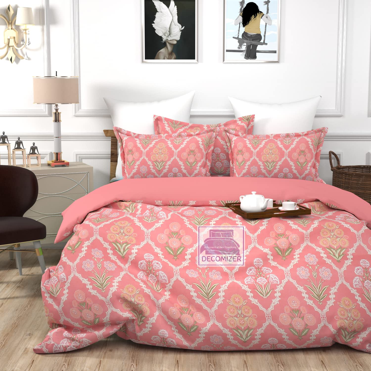 DECOMIZER XXL Microfiber Soft Cotton Super King Size Bedsheet for Double Bed, King Size 108 Inches X 108 Inches, 9 Feet, 275 X 275 cm with 2 Large Size Pillow Covers Without Joint - PinkJaipuriBlock