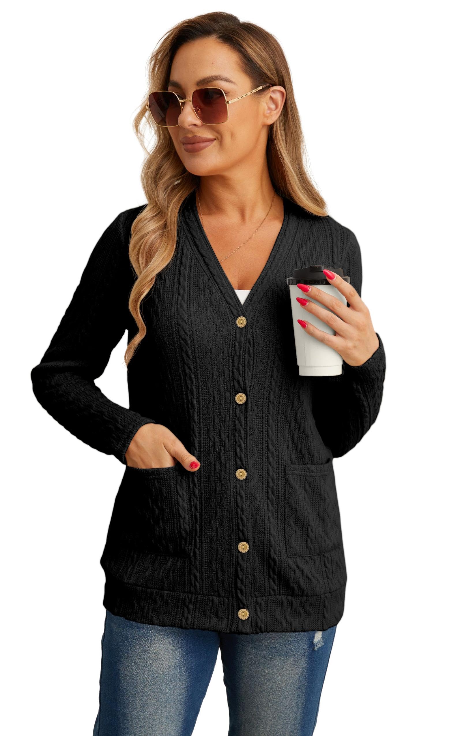 GRECERELLE Gilet Femme Cardigan Chic et Elégant Torsadé pour l'Automne avec Boutons Col en V et Poches Pratiques