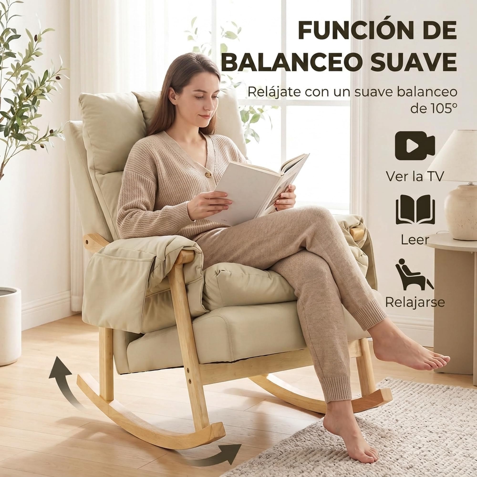 HOMCOM Silla Mecedora de Cuero Sintético Bolsillos Patas de Madera Beige