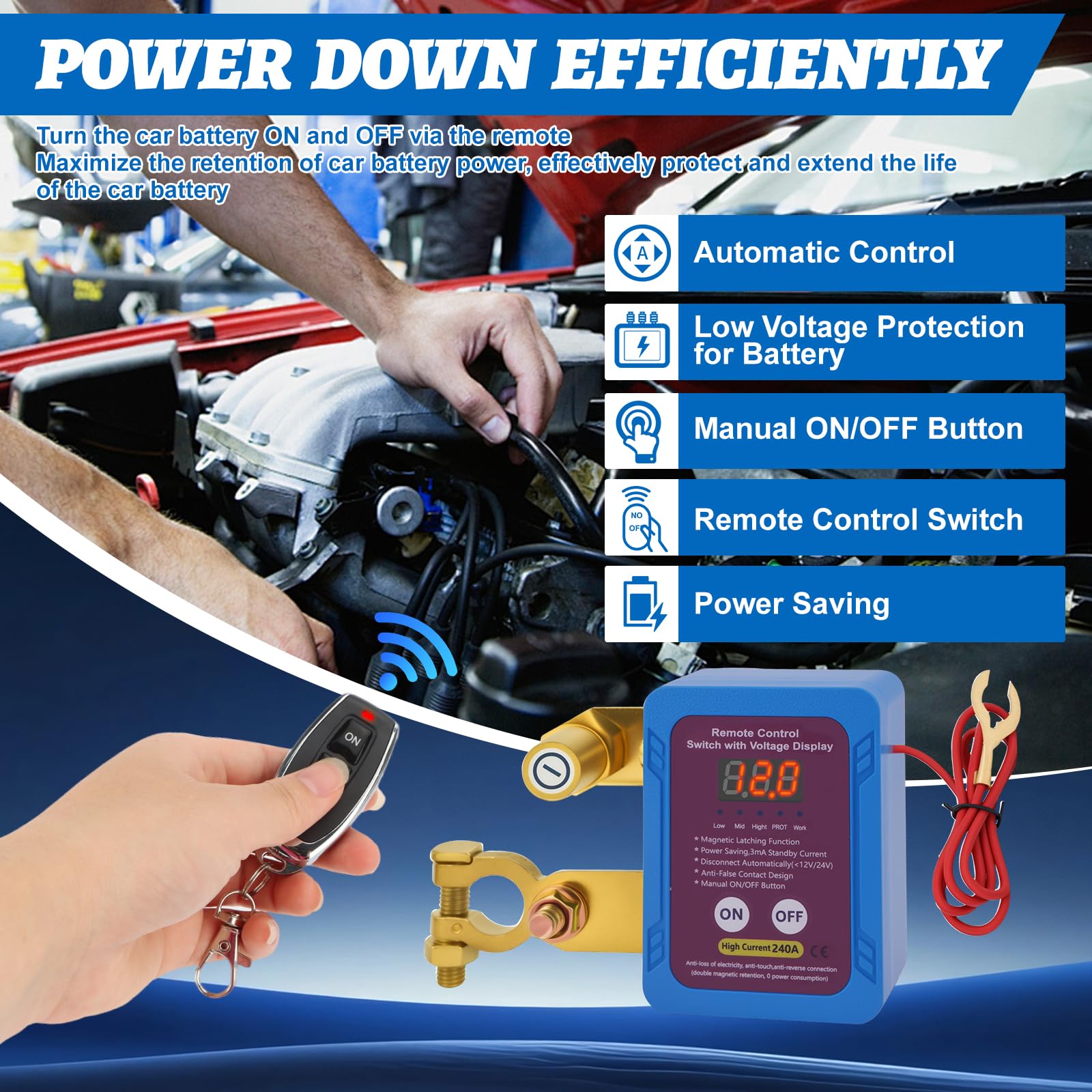 Disjoncteur de Batterie Télécommandé Sans fil - 12 V 240 A Coupe Circuit Voiture - Avec écran LED - Interrupteur D'Arrêt Automatique - pour Voiture RV Camion ATV Bateau