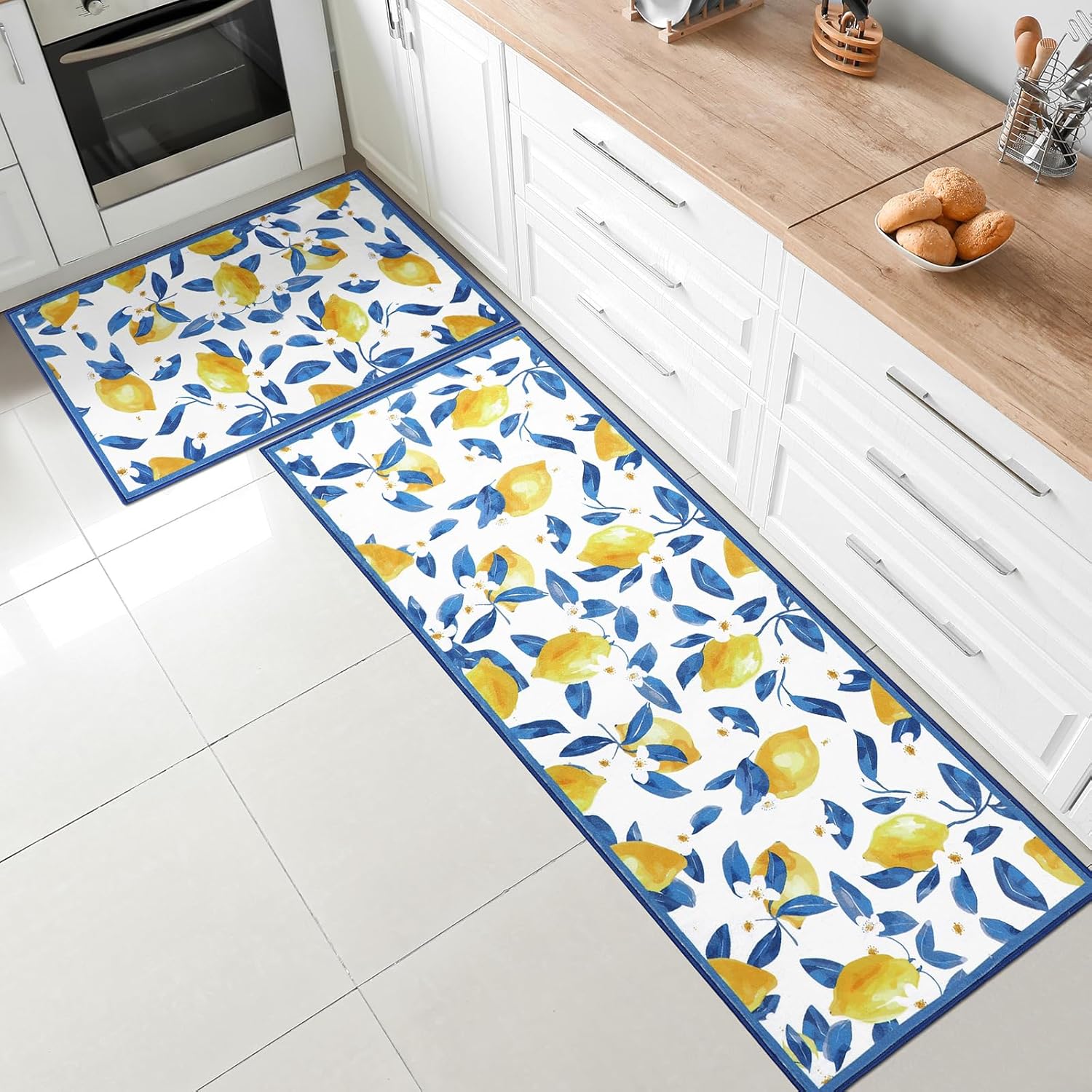 Sliner Blue 2 Pcs Lemon Kitchen Mats Lemon Kitchen Rugs for Floor Washable Soft Non Slip Carpet for Bathroom Sink Laundry Decor, 17" x 30" + 17" x 47"