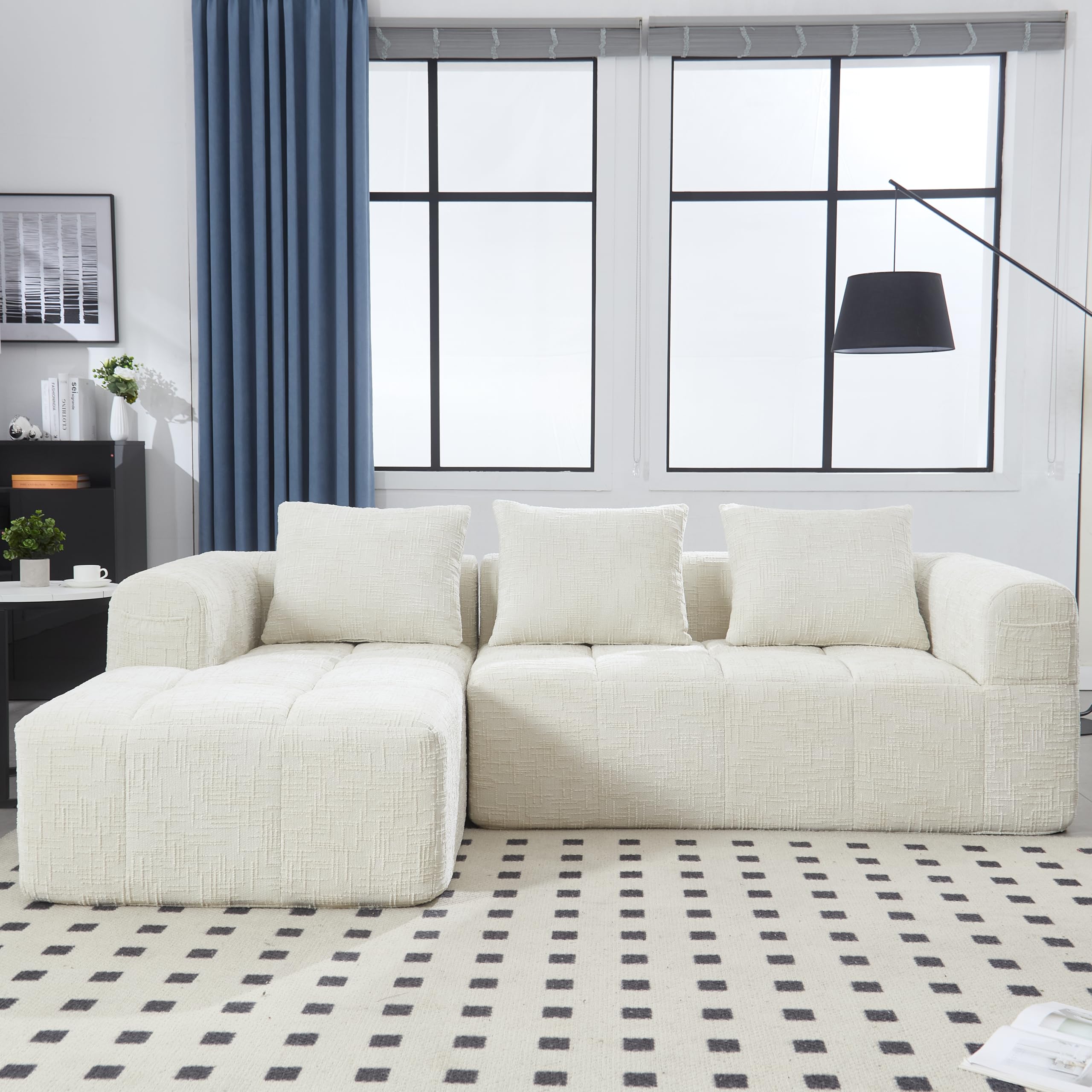 Divano angolare estensibile da 250 cm, divano letto angolare modulare a forma di L, divano compresso, divano a 3 posti con cuscini, tasca laterale, divano a 2 posti + angolo, Beige