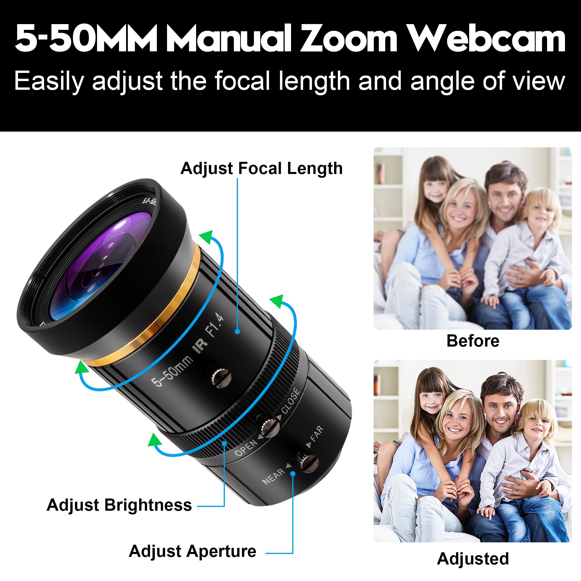 Cámara USB HDMI 4K, cámara USB 3.0 de alta velocidad de 60 fps con montura CS de 5 a 50 mm, lente teleobjetivo H.264 Zoom, cámara web para Windows Linux Android Mac OS